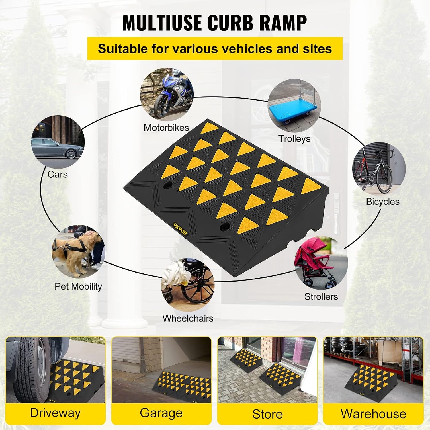 image:imageVEVOR Rubber Curb Ramp 6 Rise Height Sidewalk Threshold Ramp 146 Width 193 Length Driveway Ramp 33069 lbs Load Capacity for Curb for Forklifts Trucks Buses Cars Wheelchairs Bike5 H