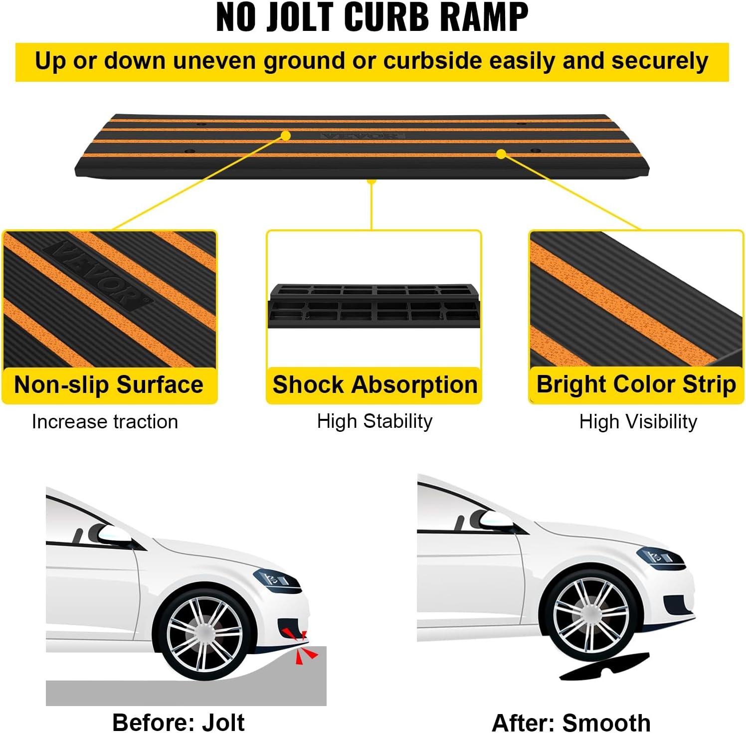 image:imageVEVOR Rubber Curb Ramp for Driveway 3 Pack 15T Heavy Duty Sidewalk Curb Ramp 48 Lx26 H Bridge Ramp for Garage for Low Cars Wheelchairs LOA 12 FT26 Rise 3Pack 48 L