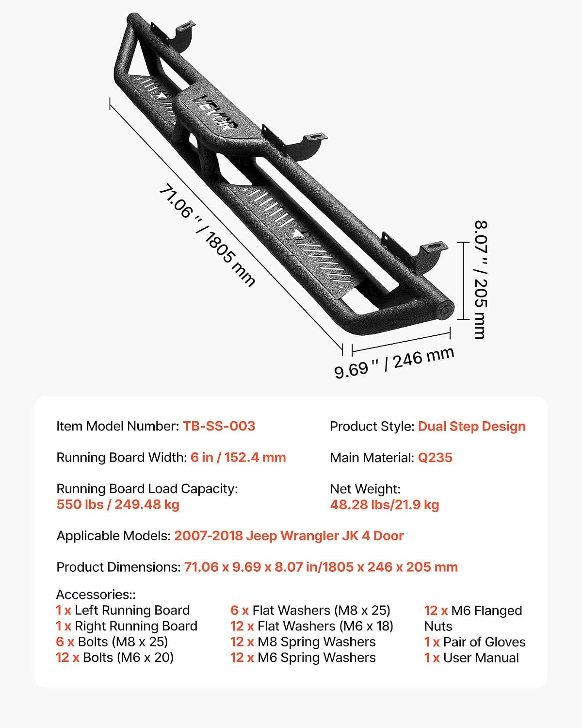 image:imageVEVOR Running Boards 4 Inches Side Steps Compatible with 20152025 Chevy ColoradoGMC Canyon Crew Cab Black Carbon Steel Nerf Bars 550 lbs Load Capacity NonSlip Surface with Rustproof Coating0718 Jeep Wrangler JK 4 Door