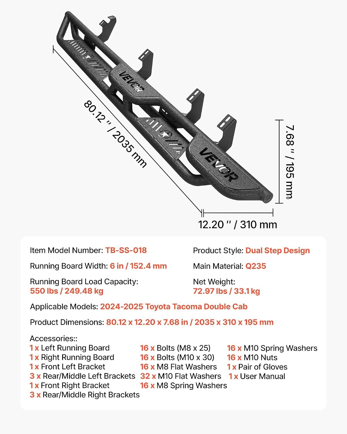 image:imageVEVOR Running Boards 4 Inches Side Steps Compatible with 20152025 Chevy ColoradoGMC Canyon Crew Cab Black Carbon Steel Nerf Bars 550 lbs Load Capacity NonSlip Surface with Rustproof Coating2425 Tacoma Double Cab