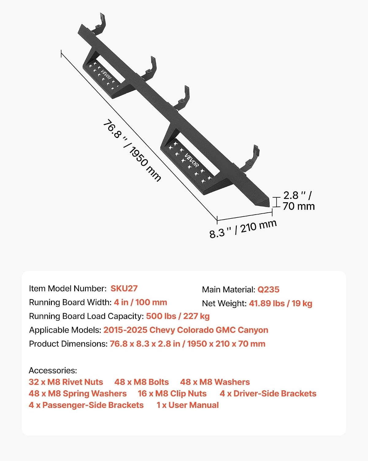image:imageVEVOR Running Boards 4 Inches Side Steps Compatible with 20152025 Chevy ColoradoGMC Canyon Crew Cab Black Carbon Steel Nerf Bars 550 lbs Load Capacity NonSlip Surface with Rustproof Coating1525 ColoradoCanyon Crew Cab
