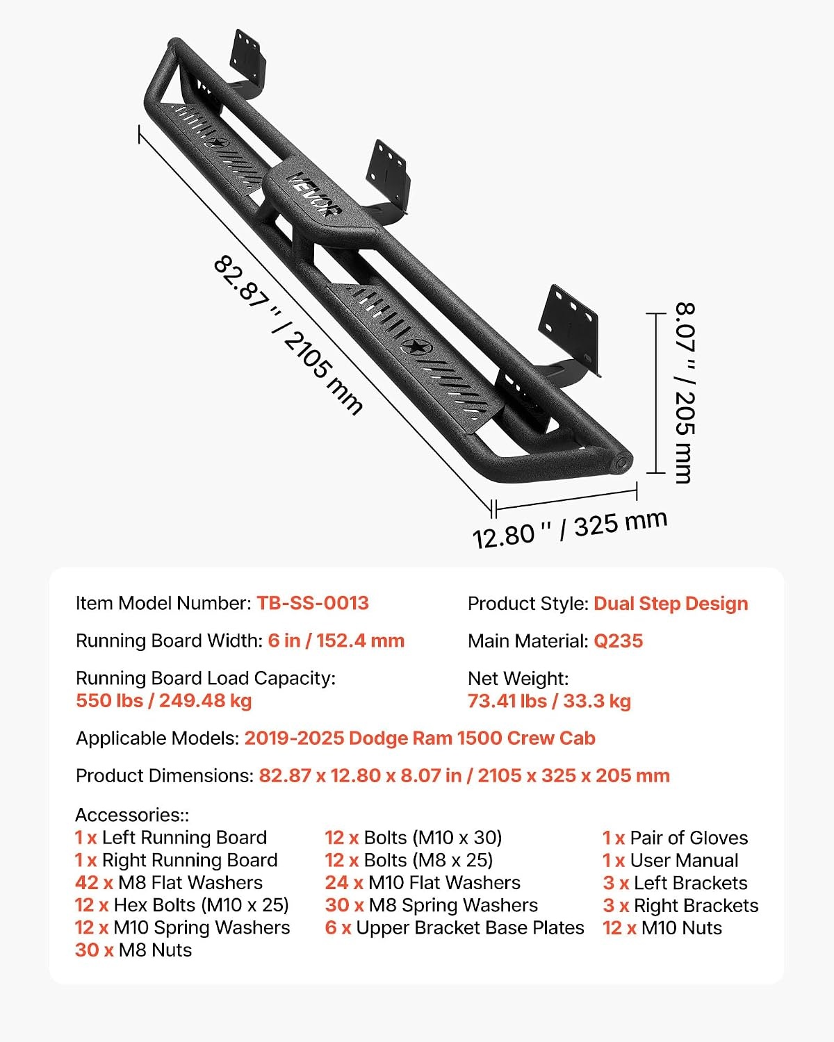 image:imageVEVOR Running Boards 4 Inches Side Steps Compatible with 20152025 Chevy ColoradoGMC Canyon Crew Cab Black Carbon Steel Nerf Bars 550 lbs Load Capacity NonSlip Surface with Rustproof Coating1925 Ram 1500 Crew Cab