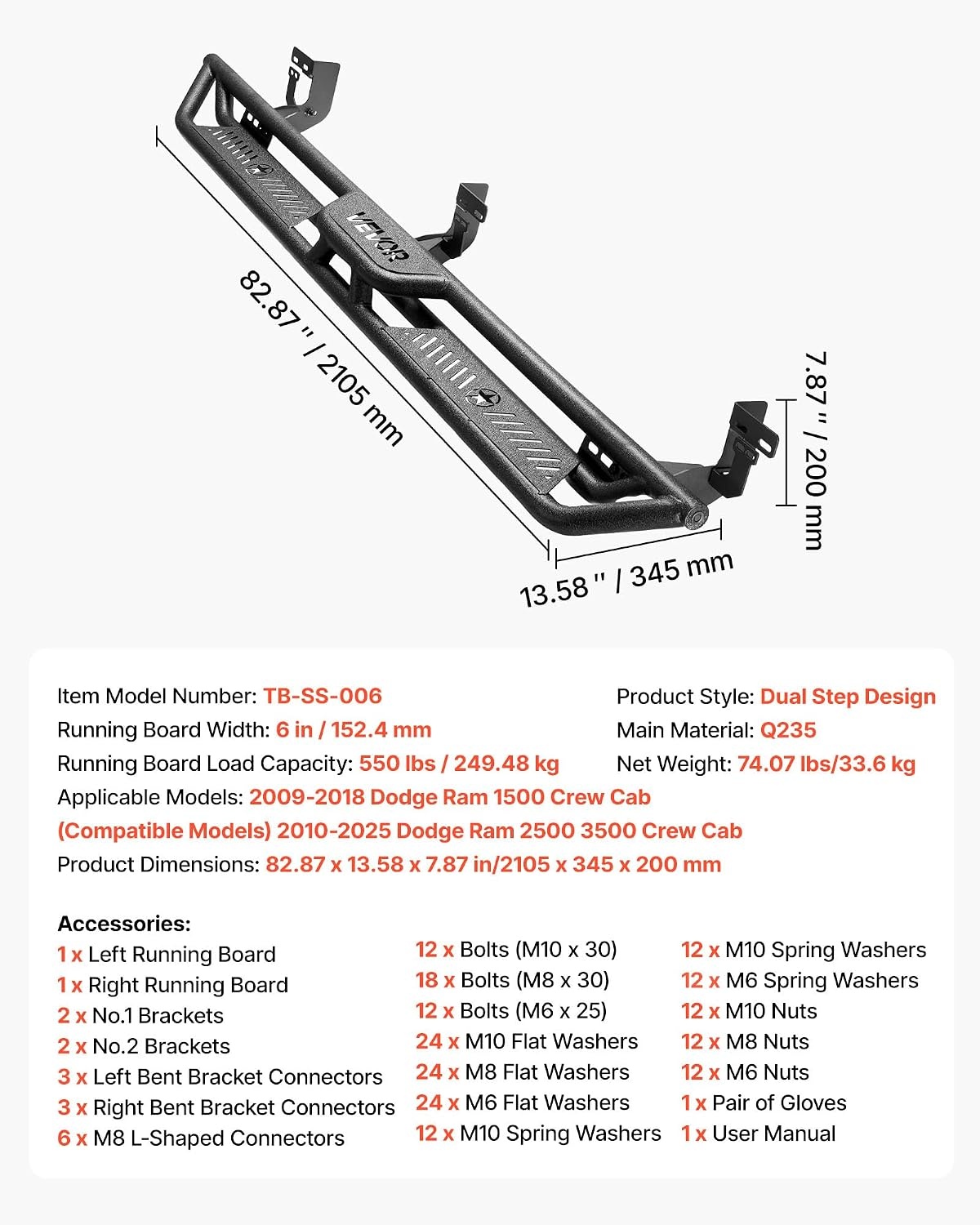 image:imageVEVOR Running Boards 4 Inches Side Steps Compatible with 20152025 Chevy ColoradoGMC Canyon Crew Cab Black Carbon Steel Nerf Bars 550 lbs Load Capacity NonSlip Surface with Rustproof Coating0918 Ram 1500 Crew Cab