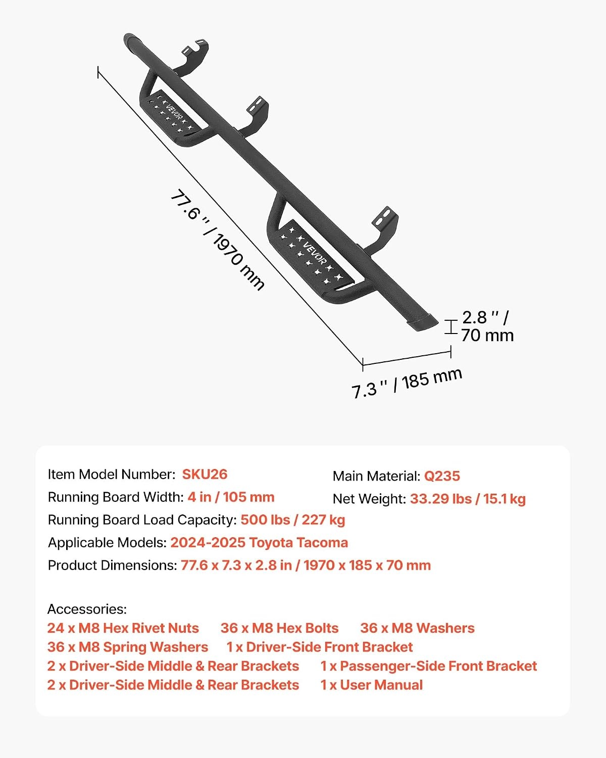 image:imageVEVOR Running Boards 4 Inches Side Steps Compatible with 20152025 Chevy ColoradoGMC Canyon Crew Cab Black Carbon Steel Nerf Bars 550 lbs Load Capacity NonSlip Surface with Rustproof Coating2425 Tacoma Double Cab