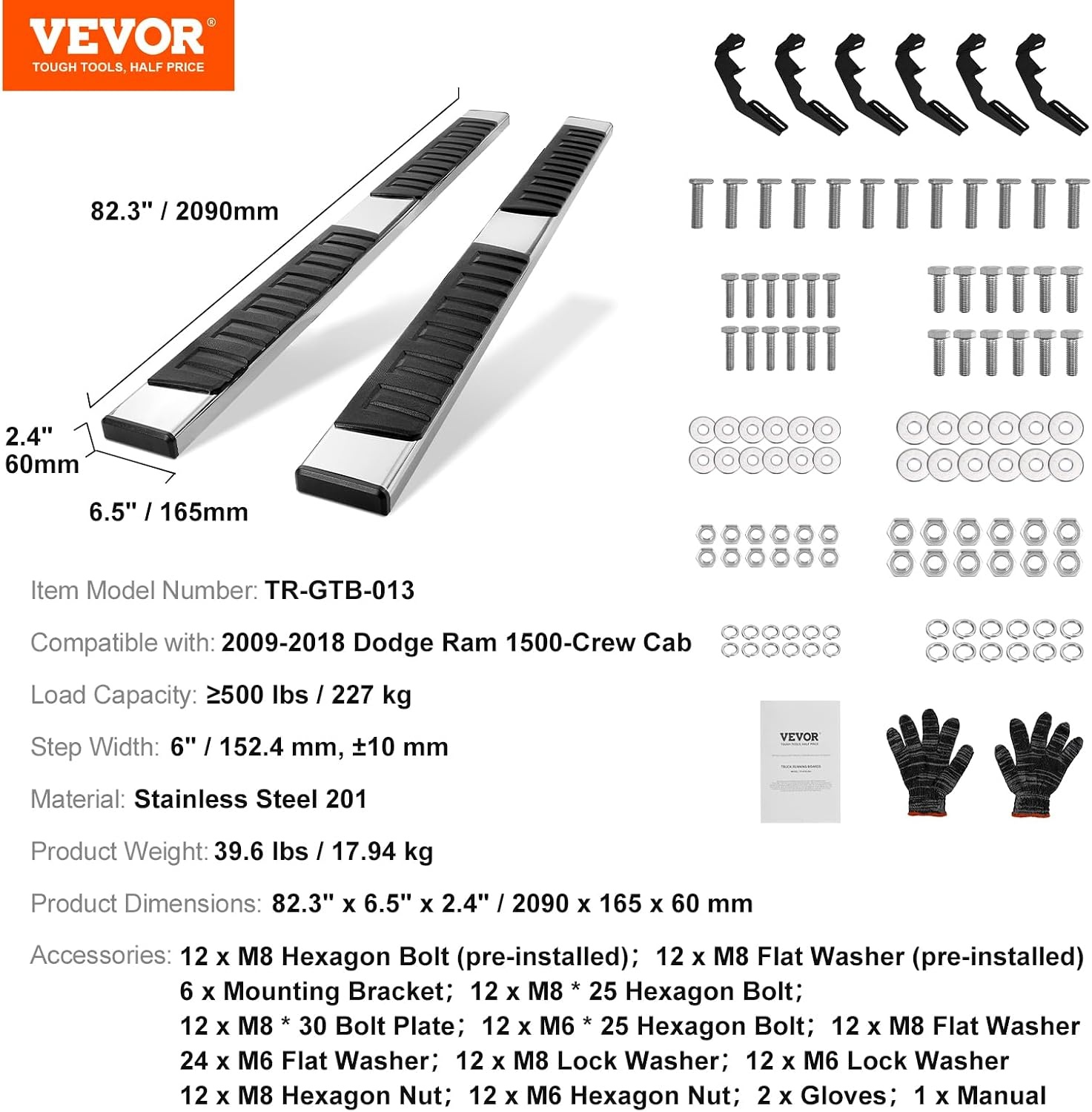 image:imageVEVOR Running Boards 6 Step Bars Compatible with 20192023 Chevy SilveradoGMC Sierra 1500 20202024 25003500HD Crew Cab 201 Stainless Steel Side Steps Nerf Bars 500LBS 2 Piece0918 Ram1500 Crew Cab