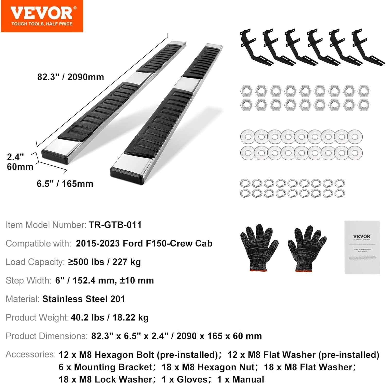 image:imageVEVOR Running Boards 6 Step Bars Compatible with 20192023 Chevy SilveradoGMC Sierra 1500 20202024 25003500HD Crew Cab 201 Stainless Steel Side Steps Nerf Bars 500LBS 2 Piece1523 F150 Crew cab