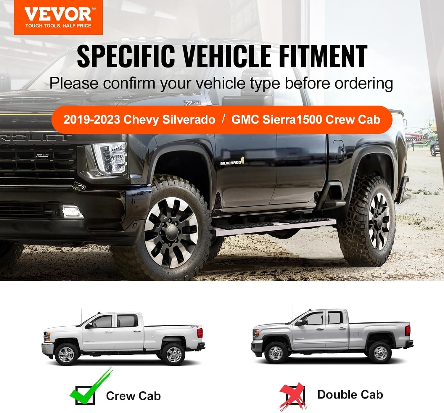 image:imageVEVOR Running Boards 6 Step Bars Compatible with 20192023 Chevy SilveradoGMC Sierra 1500 20202024 25003500HD Crew Cab 201 Stainless Steel Side Steps Nerf Bars 500LBS 2 Piecesilver