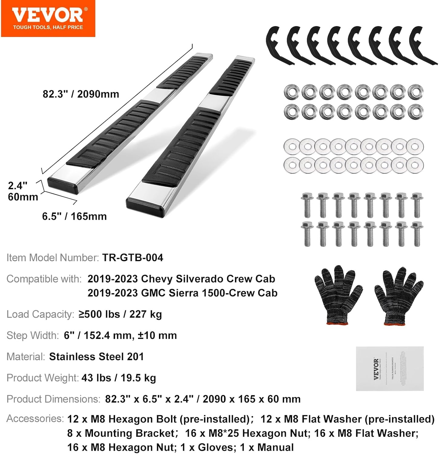 image:imageVEVOR Running Boards 6 Step Bars Compatible with 20192023 Chevy SilveradoGMC Sierra 1500 20202024 25003500HD Crew Cab 201 Stainless Steel Side Steps Nerf Bars 500LBS 2 Piecesilver
