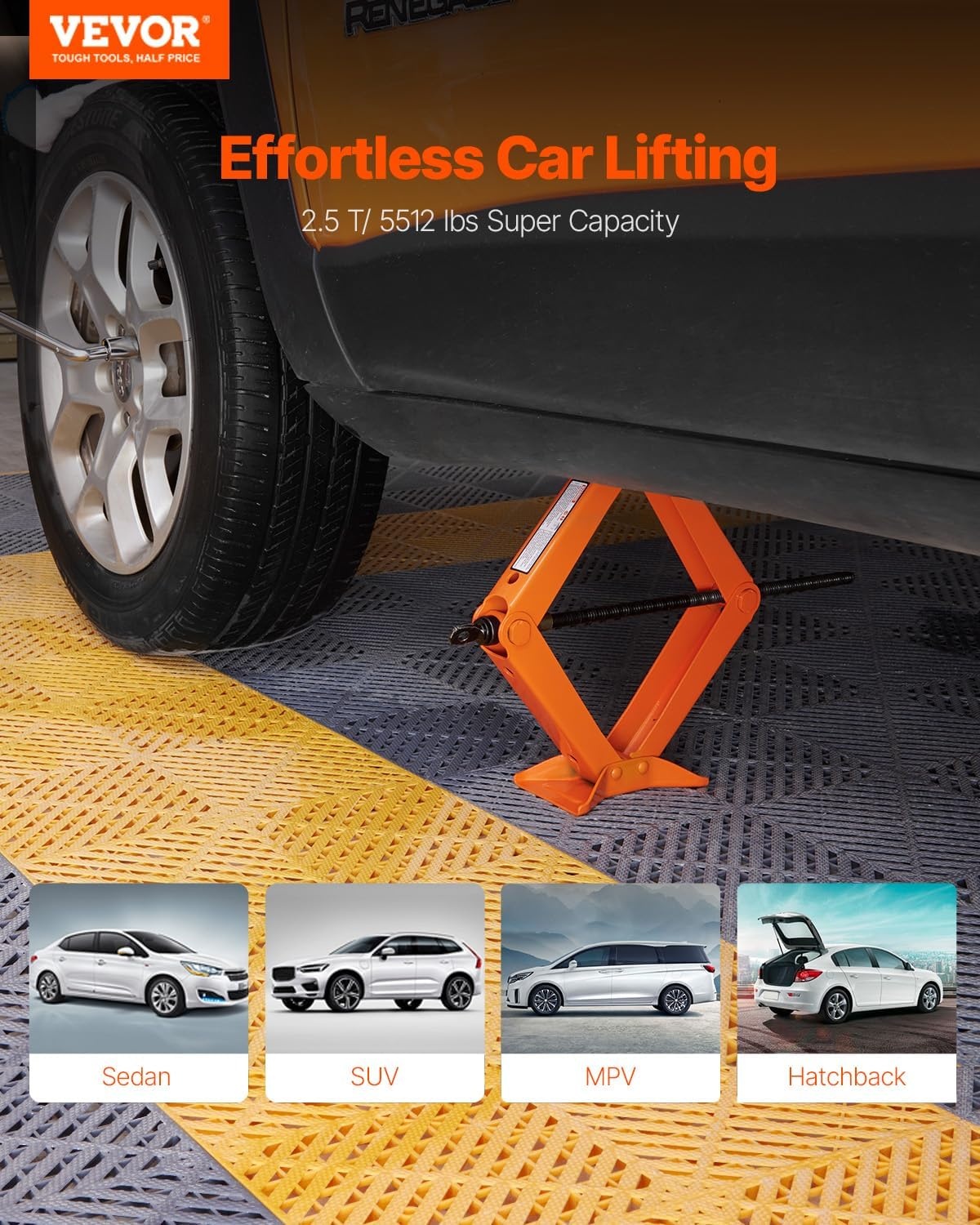 image:imageVEVOR Scissor Jack 25 Ton5512 lbs Scissor Car Jack with 37171 Lifting Range Heavy Duty Tire Changing Kit Includes Ratchet Wrench Lug Wrench amp Socket Fits Most Cars Trucks Sedans SUV MPVOrange