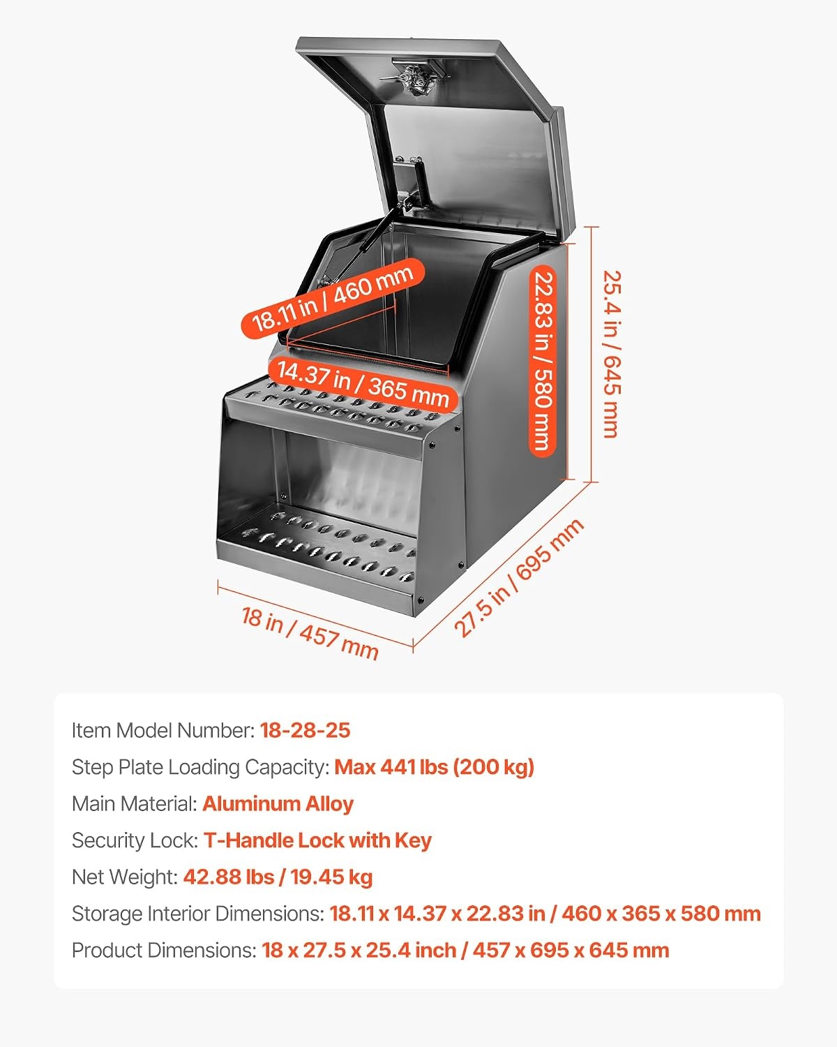 image:imageVEVOR SemiTruck Step Tool Box 18 x 275 x 254 Heavy Duty Aluminum Toolbox Side Mount Waterproof Side Storage Saddle Step Box with THandle Lock amp Keys for Semi Trucks Flatbed Trailers