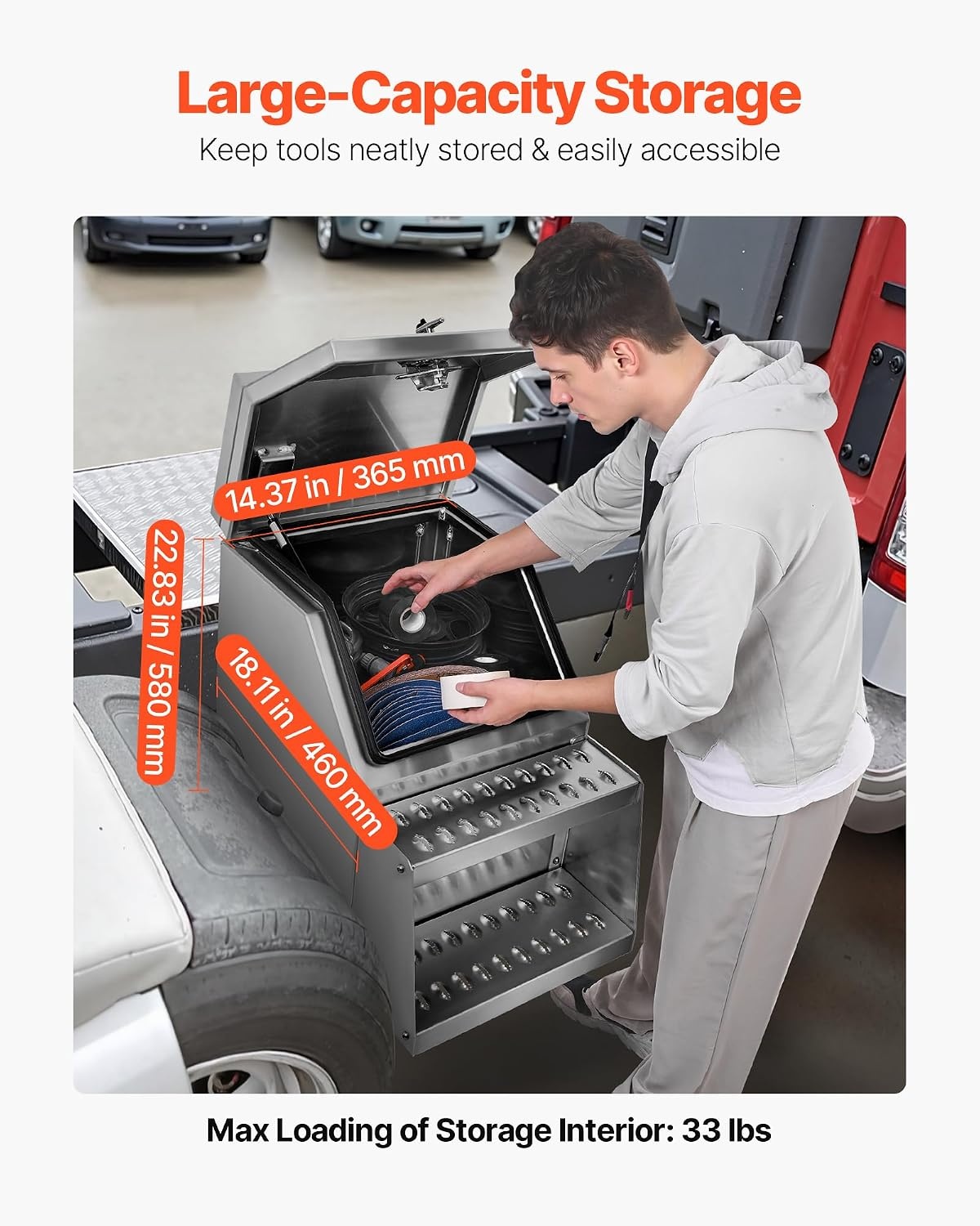 image:imageVEVOR SemiTruck Step Tool Box 18 x 275 x 254 Heavy Duty Aluminum Toolbox Side Mount Waterproof Side Storage Saddle Step Box with THandle Lock amp Keys for Semi Trucks Flatbed Trailers