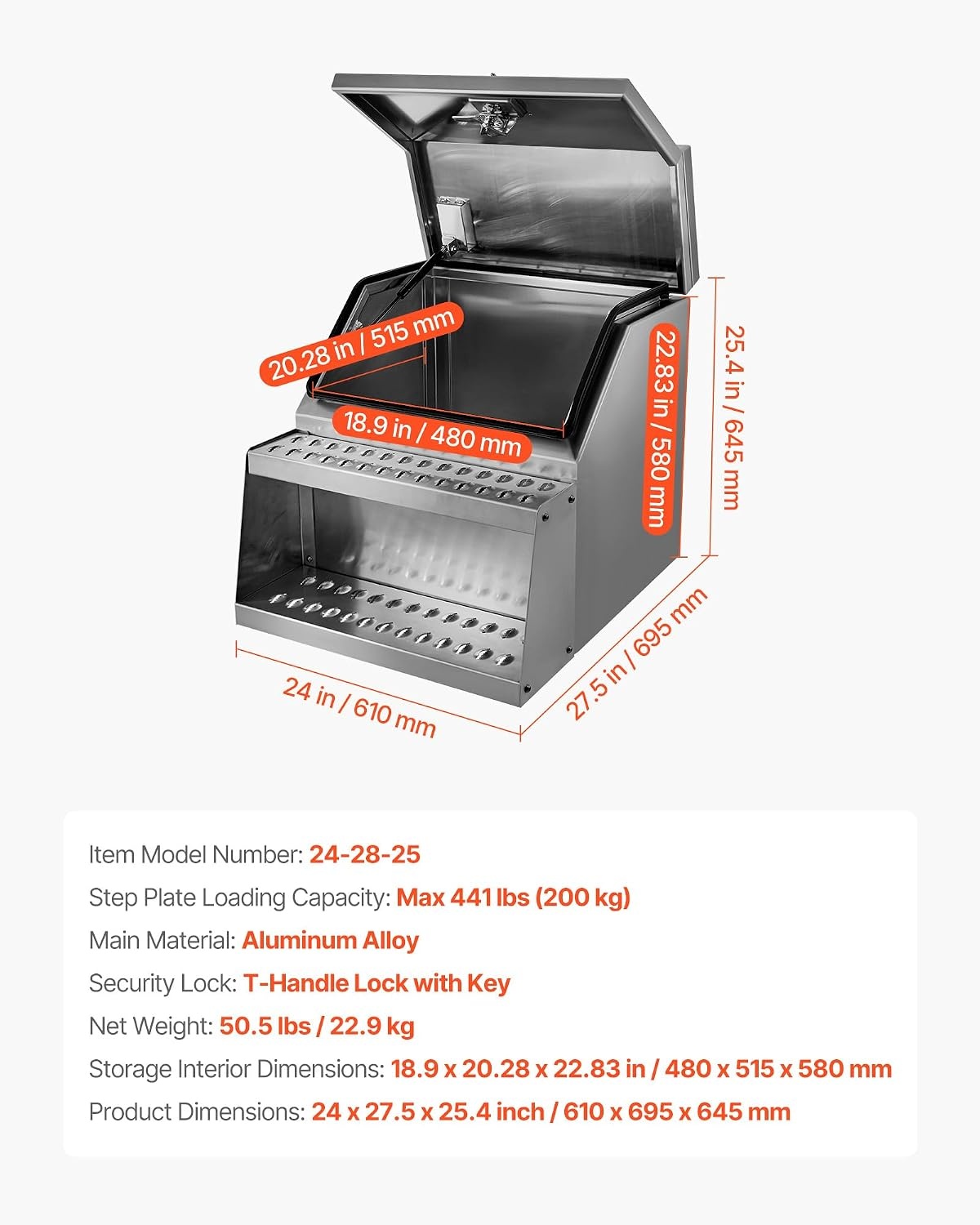 image:imageVEVOR SemiTruck Step Tool Box 24 x 275 x 254 Heavy Duty Aluminum Toolbox Side Mount Waterproof Side Storage Saddle Step Box with THandle Lock amp Keys for Semi Trucks Flatbed Trailers