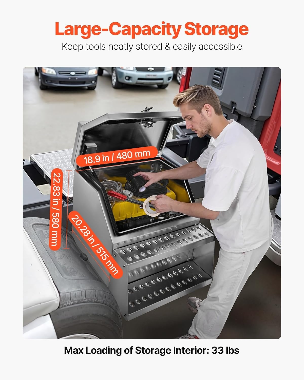 image:imageVEVOR SemiTruck Step Tool Box 24 x 275 x 254 Heavy Duty Aluminum Toolbox Side Mount Waterproof Side Storage Saddle Step Box with THandle Lock amp Keys for Semi Trucks Flatbed Trailers