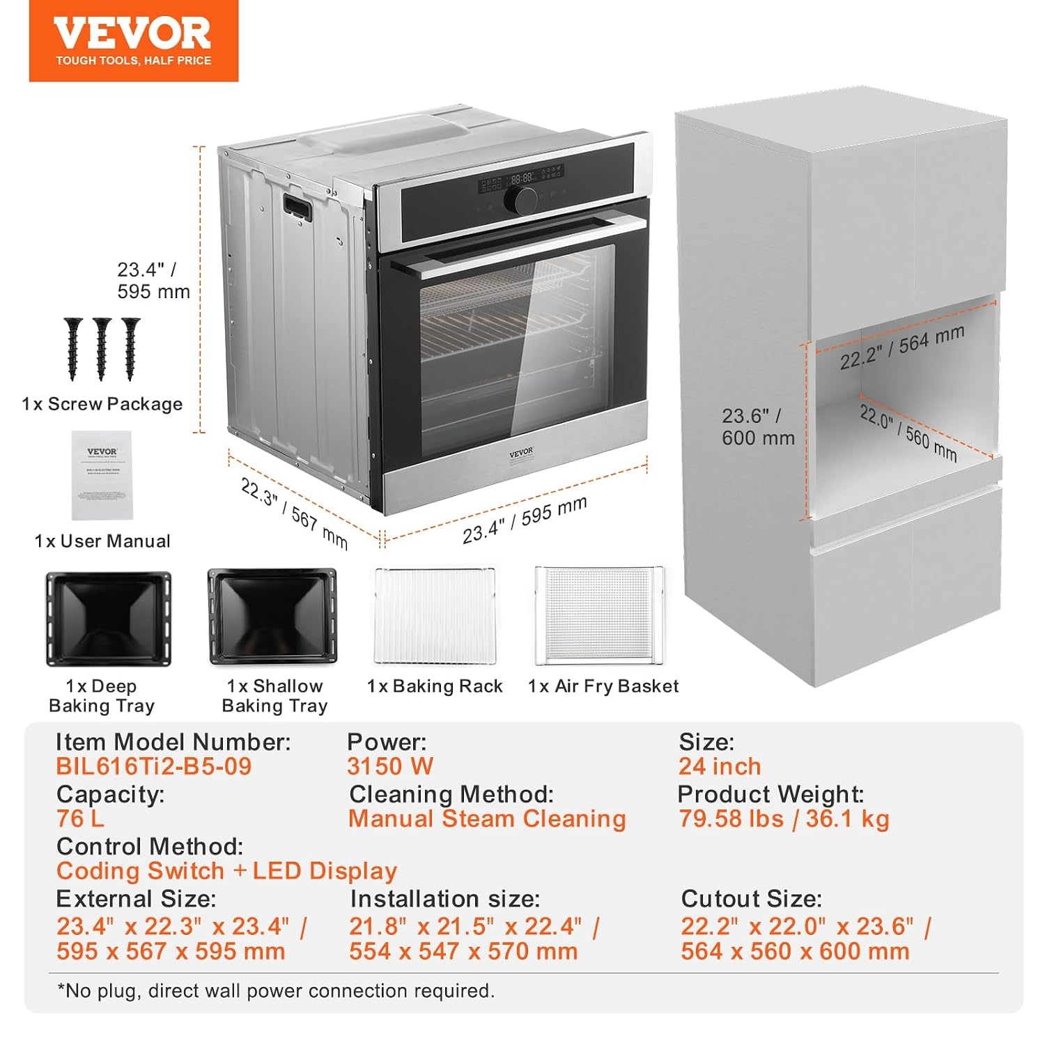 image:imageVEVOR Single Wall Oven 24 Electric Builtin Wall Oven with 16 Cooking Functions 268 CuFt Electric Wall Ovens with Timer 3150W 76L Large Capacity Ovens with Baking Rack and Tray for KitchenDigital Display