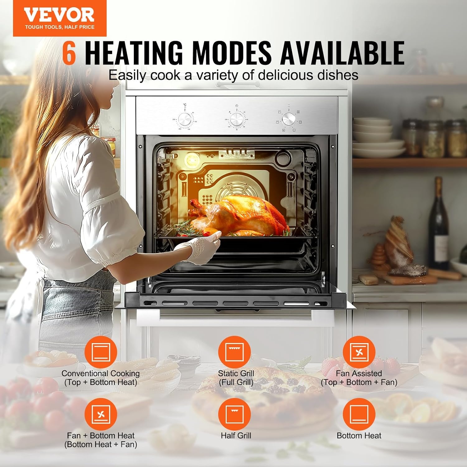 image:imageVEVOR Single Wall Oven 24 Electric Builtin Wall Oven with 16 Cooking Functions 268 CuFt Electric Wall Ovens with Timer 3150W 76L Large Capacity Ovens with Baking Rack and Tray for KitchenMechanical Control