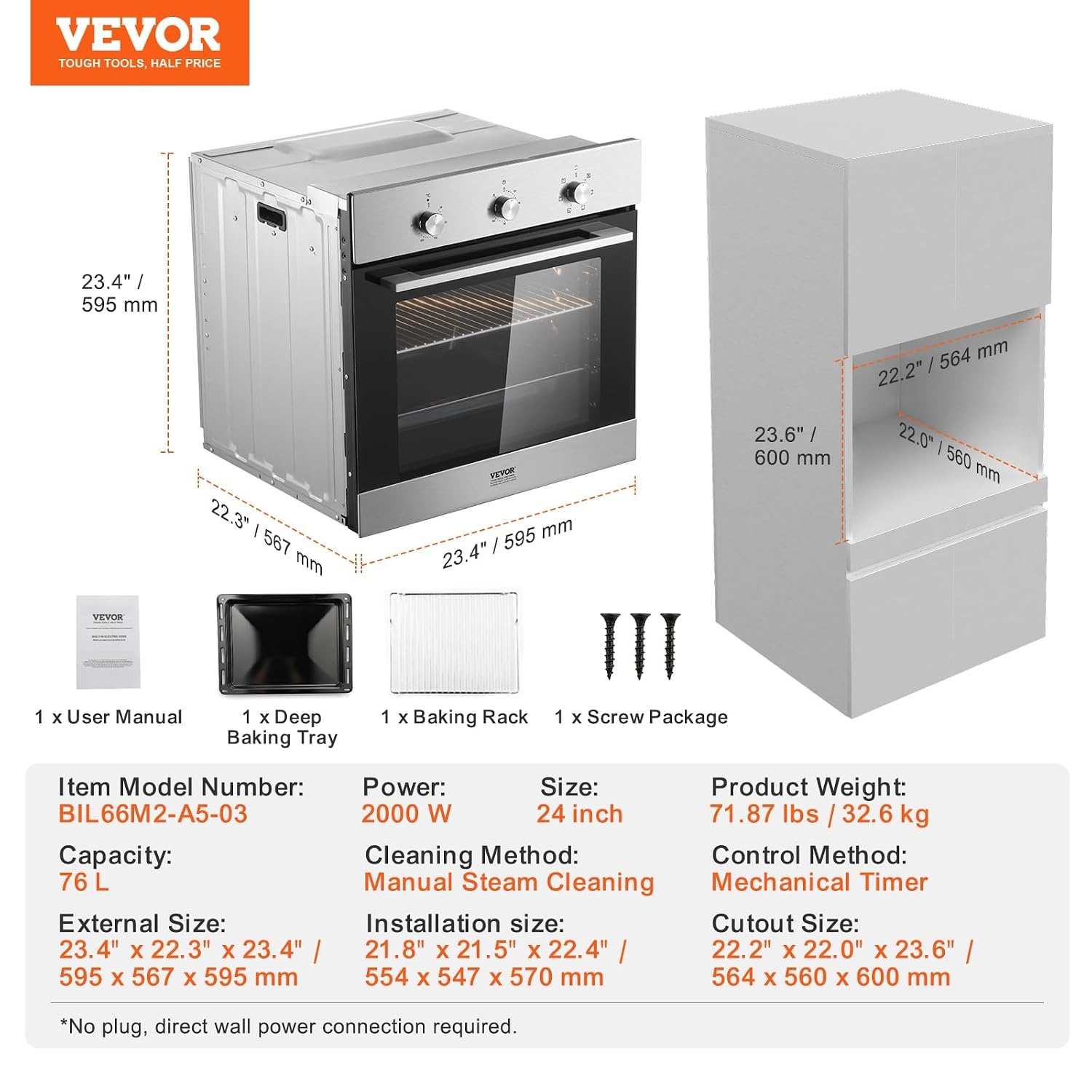 image:imageVEVOR Single Wall Oven 24 Electric Builtin Wall Oven with 16 Cooking Functions 268 CuFt Electric Wall Ovens with Timer 3150W 76L Large Capacity Ovens with Baking Rack and Tray for KitchenMechanical Control