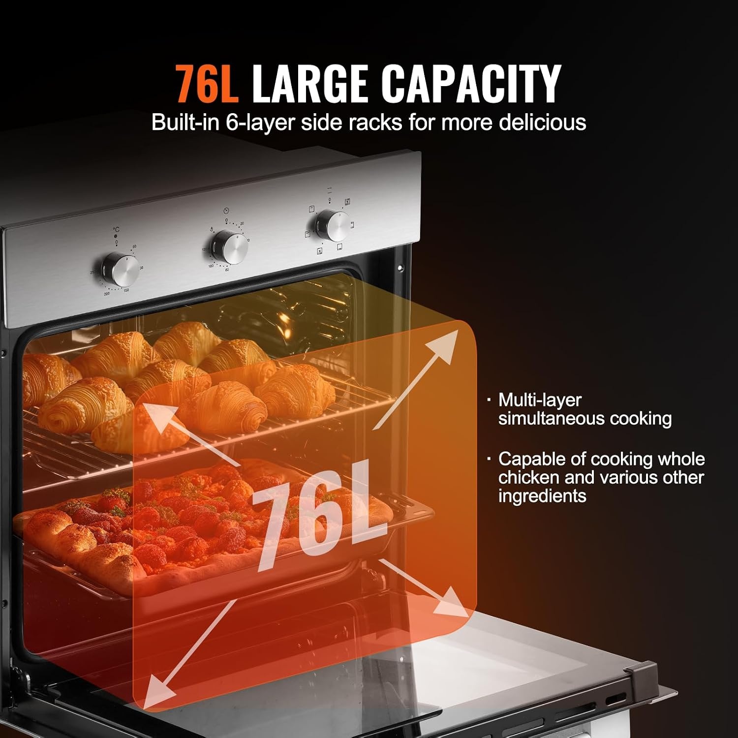 image:imageVEVOR Single Wall Oven 24 Electric Builtin Wall Oven with 16 Cooking Functions 268 CuFt Electric Wall Ovens with Timer 3150W 76L Large Capacity Ovens with Baking Rack and Tray for KitchenMechanical Control