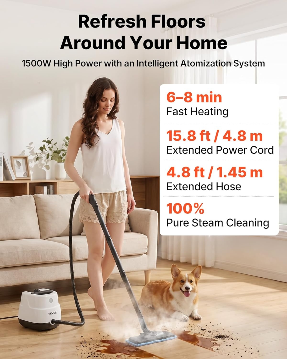 image:imageVEVOR Steam Cleaner 34 oz Tank Steamer for Cleaning with 20 Accessories Extended Power Cord and Hose Portable Handle Fast Heating Powerful Canister Steam Cleaner for Home Car Detailing Floors