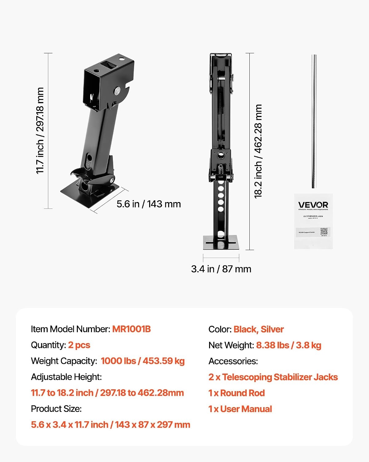 image:imageVEVOR Telescoping Stabilizer Jack 2PCS Telescoping Folding Trailer Jack Trailer Swing Down Stabilizer Jack for RV Supports 1000lbs Capacity Each Adjustable from 117 inch to 182 inch