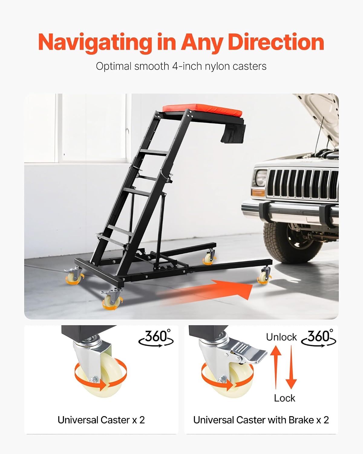 image:imageVEVOR Top Automotive Creeper with Adjustable Height 496 to 756 400 LBS Capacity High Creeper 4 Swivel Caster Wheels Heavy Duty Creeper for Auto Repair and MaintenanceH