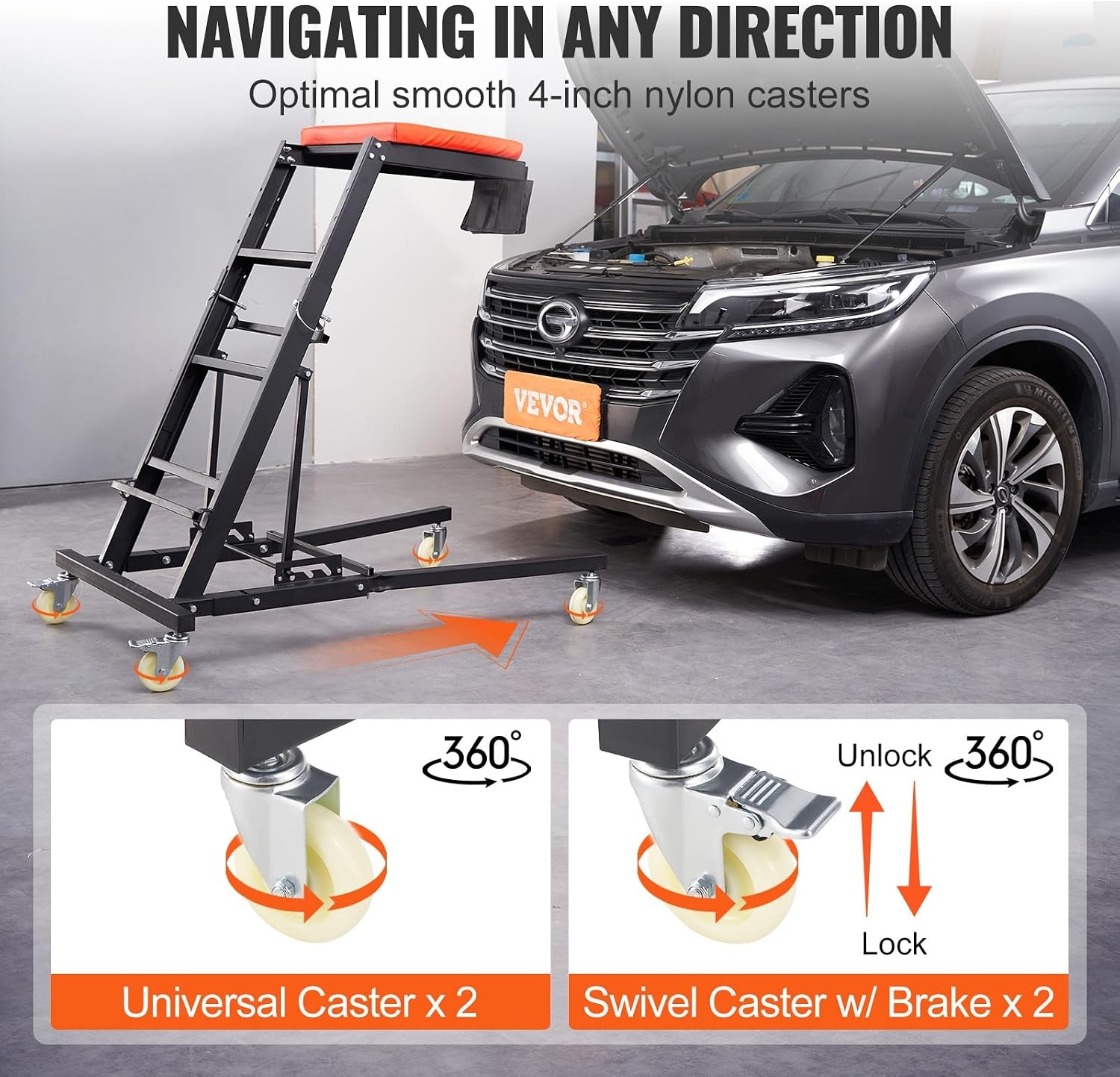 image:imageVEVOR Top Automotive Creeper with Adjustable Height 496 to 756 400 LBS Capacity High Creeper 4 Swivel Caster Wheels Heavy Duty Creeper for Auto Repair and MaintenanceH