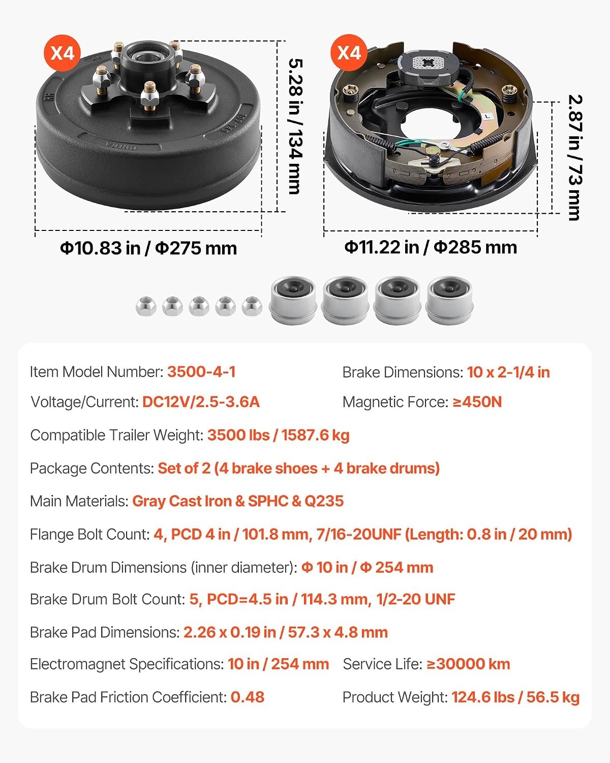 image:imageVEVOR Trailer Hub Drum Kits 5 on 45 BC with 10 x 214 Electric Brakes SelfAdjusting Trailer Brake Assembly for 3500 lbs Axle 4Hole Mounting Backing Plates for Brake System Part Replacement2 Pairs Electric Brakes Kit