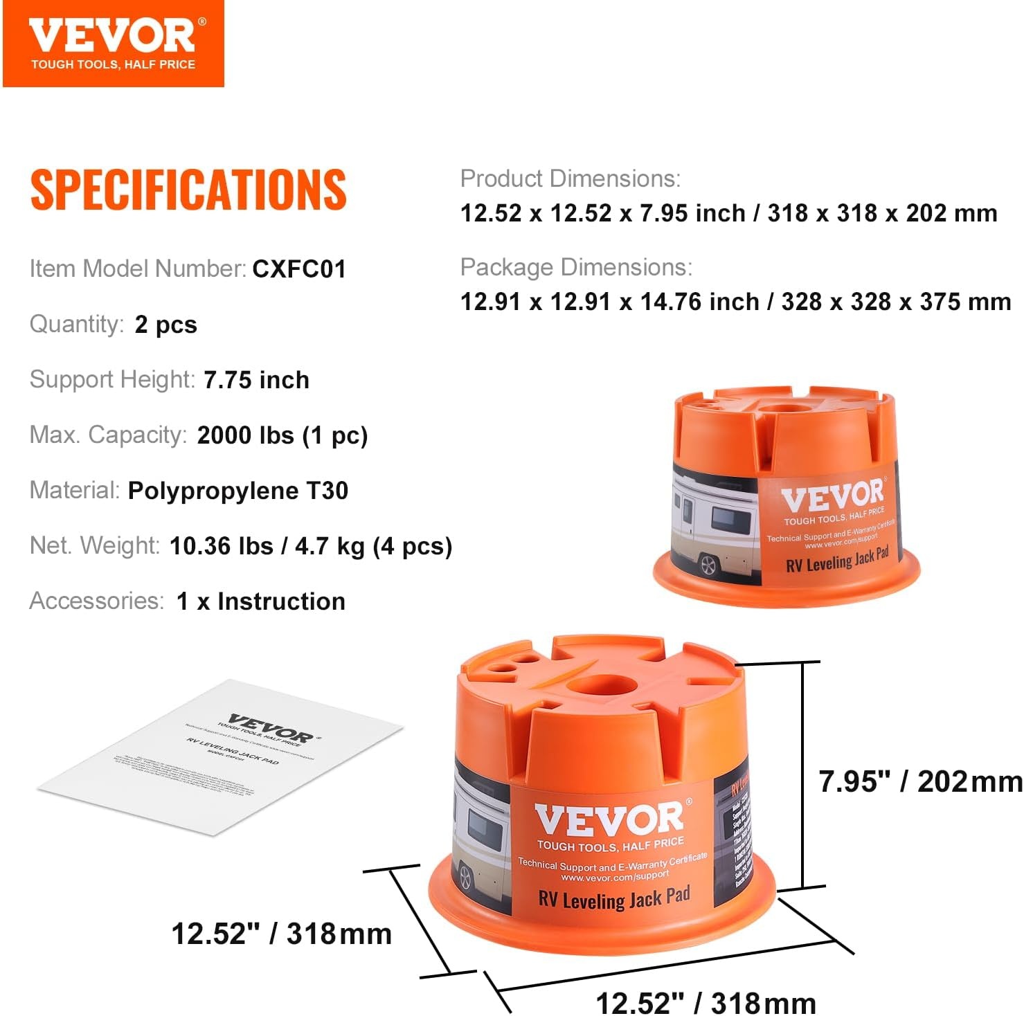 image:imageVEVOR Trailer Jack Block 2000 lbs Capacity per RV Leveling Block Polypropylene RV Camper Stabilizer Blocks RV Travel Accessories Use for Any Tongue Jack Post Foot 5th Wheels 2Pack2 PCS