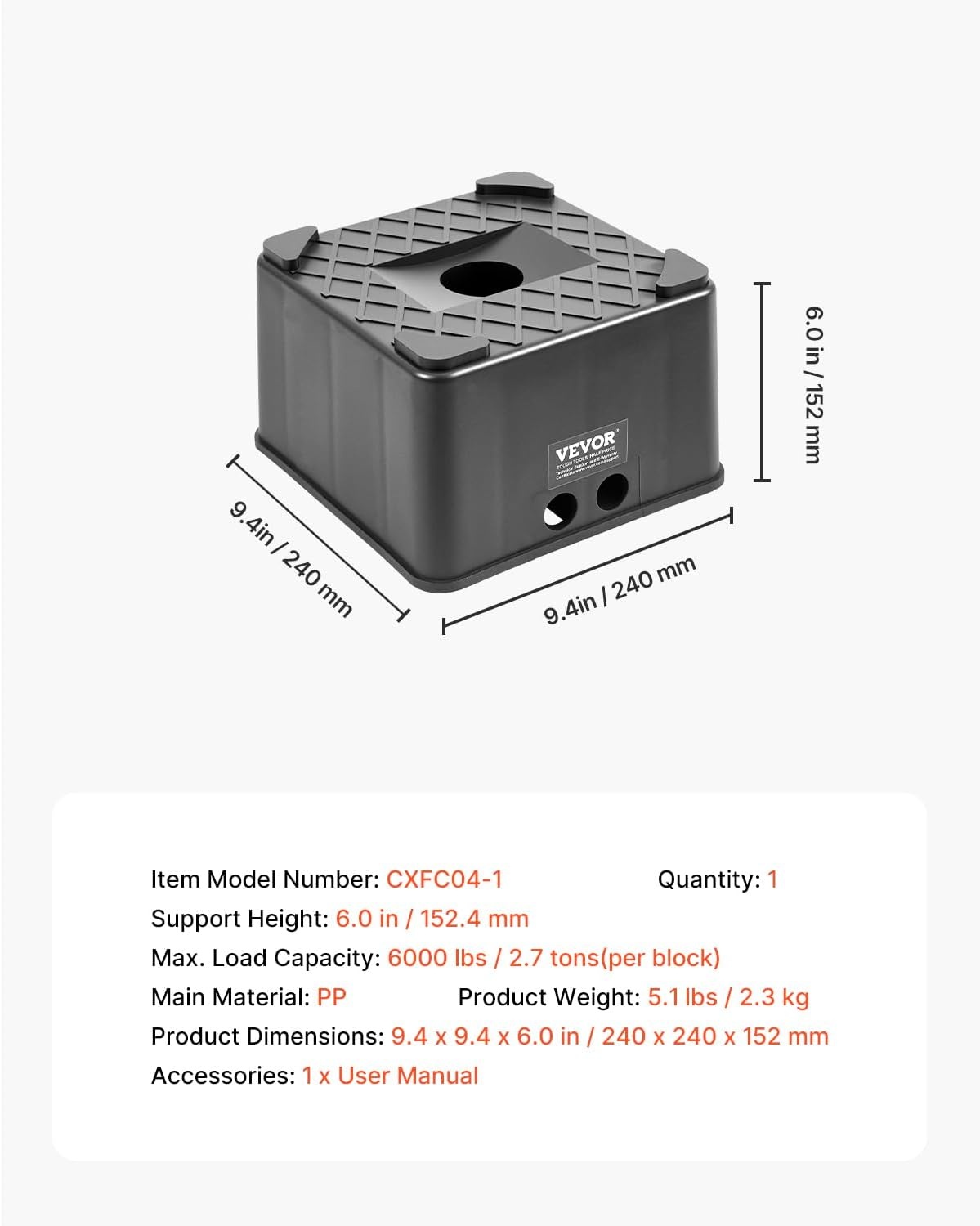 image:imageVEVOR Trailer Jack Block 6 High Heavy Duty RV Leveling Block with 6000 lbs Capacity RV Jack Stand Motorcycle Stand Stool Camper Accessories for Travel Trailers 5th Wheels Class AC Motorhomes1 PCS