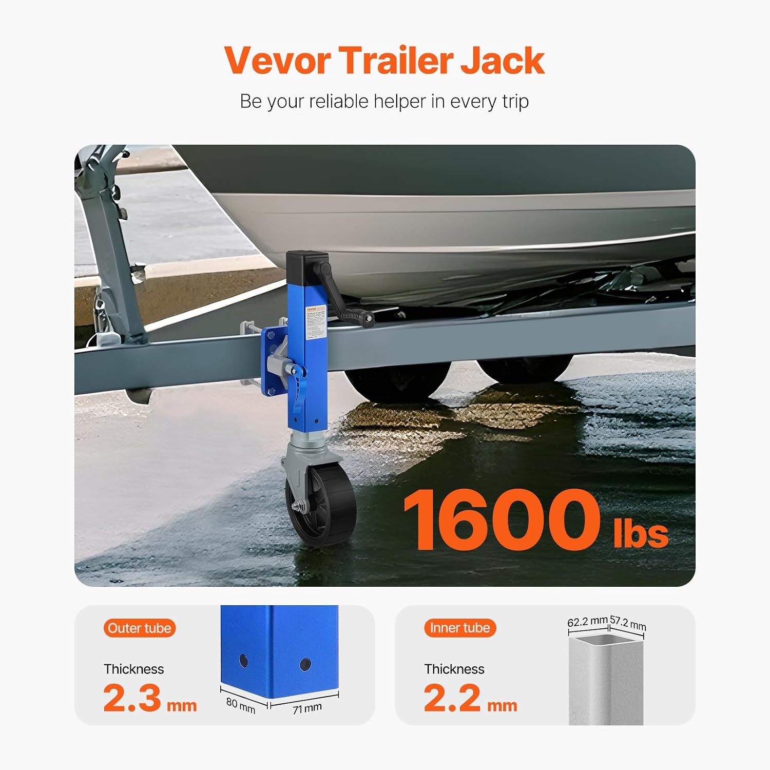 image:imageVEVOR Trailer Jack with Wheel 1600 lbs Heavy Duty Swivel Boat Trailer Jack PP Single Wheel 10 Lift Bolton Trailer Tongue Jack with Ergonomic Handle for RV Boat Horse Utility1600lbs