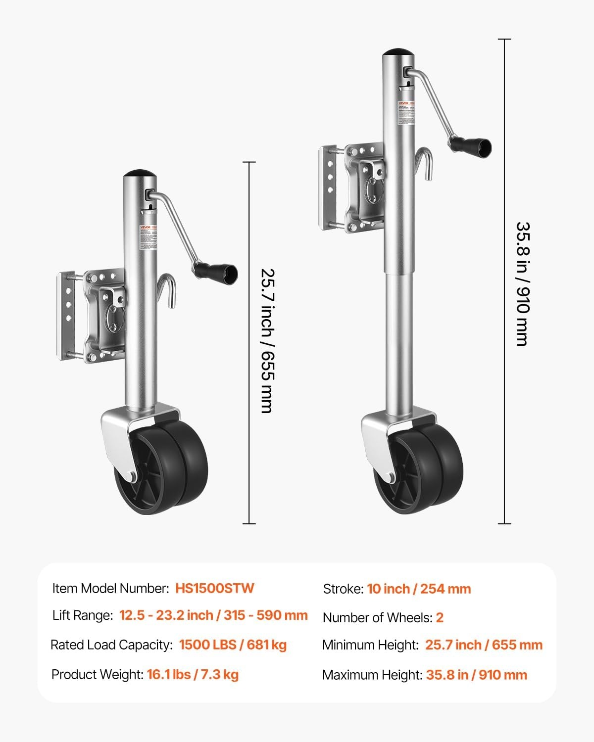 image:imageVEVOR Trailer Jack with Wheel 2000 lbs Load Capacity Heavy Duty Swivel Boat Trailer Jack with PP Dual Wheel amp Ergonomic Handle 1527 Inch Lift Range Fit for RVs Boats and Utility Trailers1500lbs Upgraded 12inch Lift