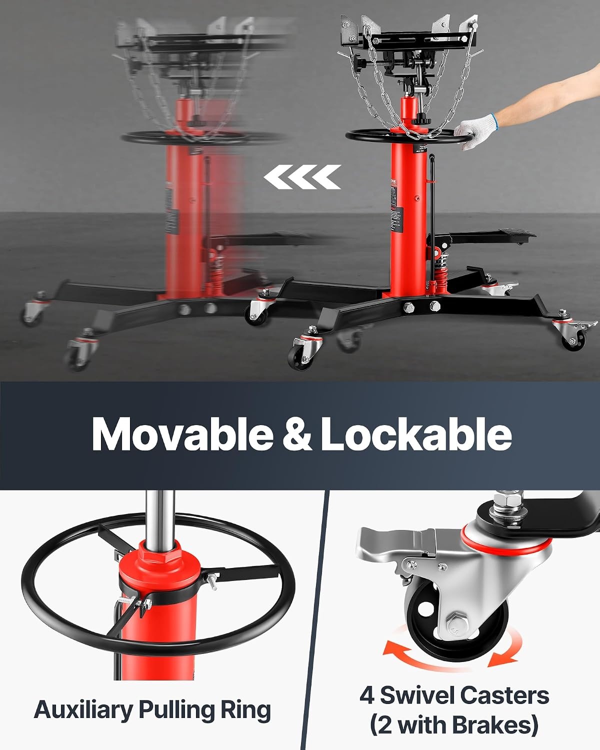 image:imageVEVOR Transmission Jack075 Ton1660 lbs Capacity Hydraulic Telescopic Transmission Jack 2Stage Floor Jack Stand with Foot Pedal 360 Swivel Wheel GarageShop Lift Hoist Red1660LBS