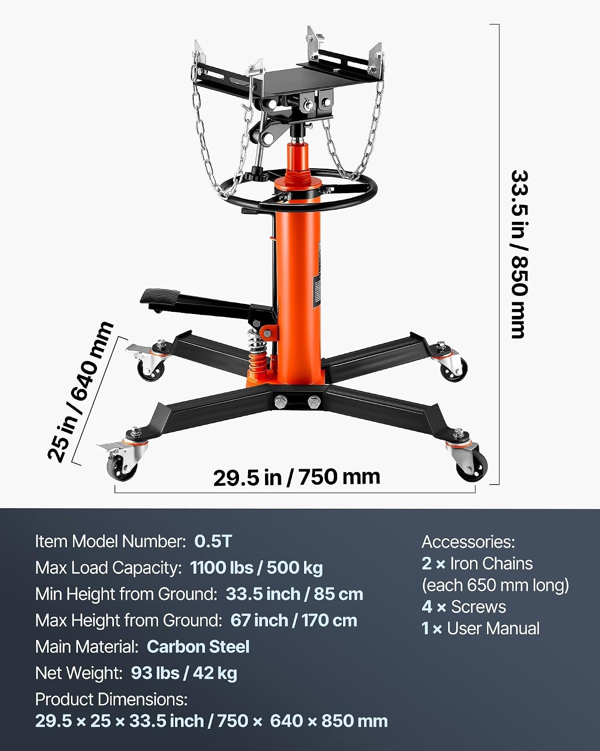 image:imageVEVOR Transmission Jack12Ton1100lbs Capacity Hydraulic Telescopic Transmission Jack 2Stage with Foot Pedal 360 Swivel Wheel GarageShop Lift Hoist Orange