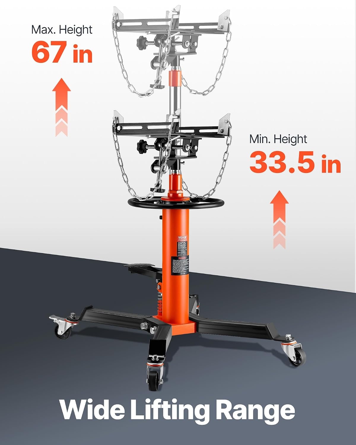 image:imageVEVOR Transmission Jack12Ton1100lbs Capacity Hydraulic Telescopic Transmission Jack 2Stage with Foot Pedal 360 Swivel Wheel GarageShop Lift Hoist Orange