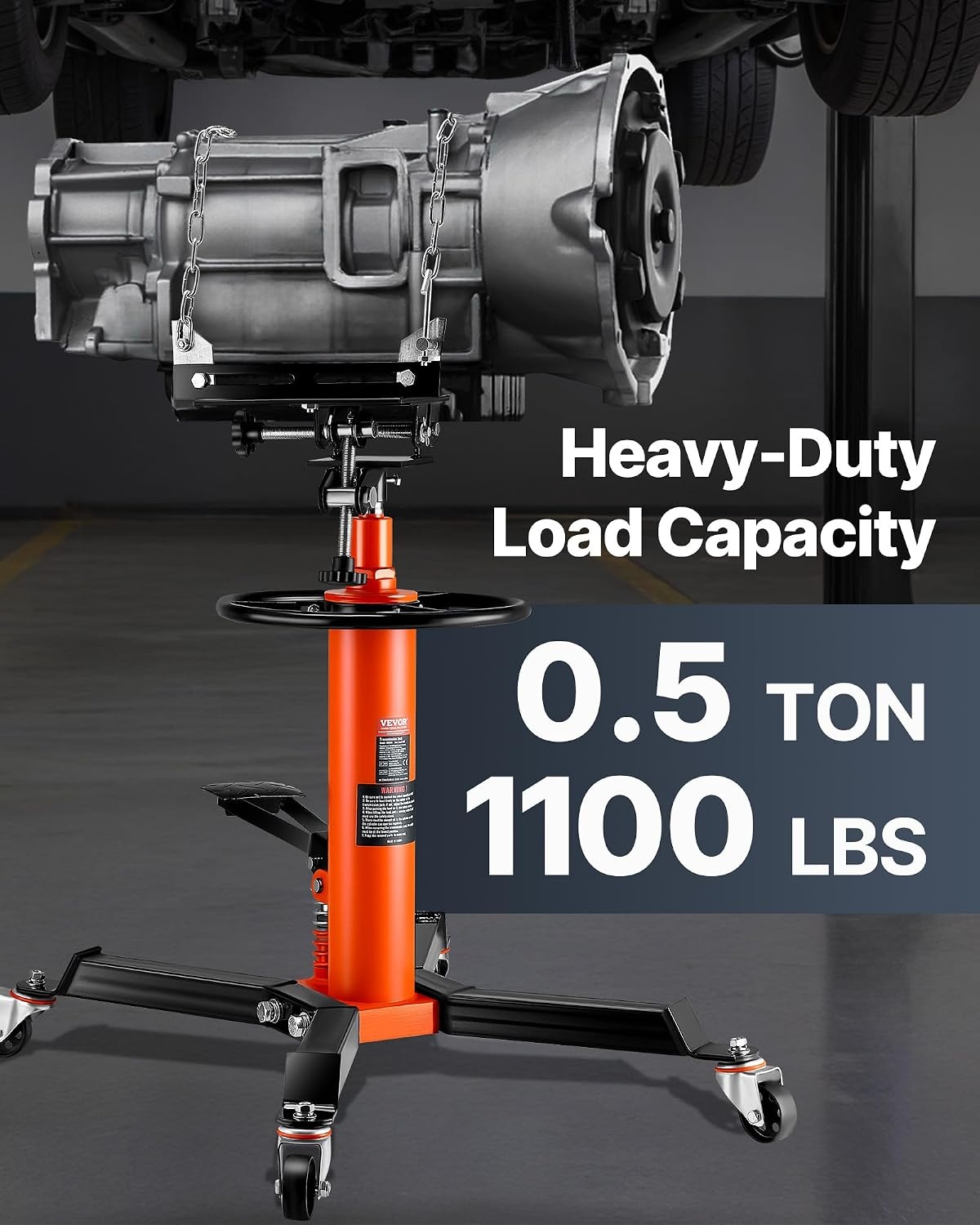 image:imageVEVOR Transmission Jack12Ton1100lbs Capacity Hydraulic Telescopic Transmission Jack 2Stage with Foot Pedal 360 Swivel Wheel GarageShop Lift Hoist Orange