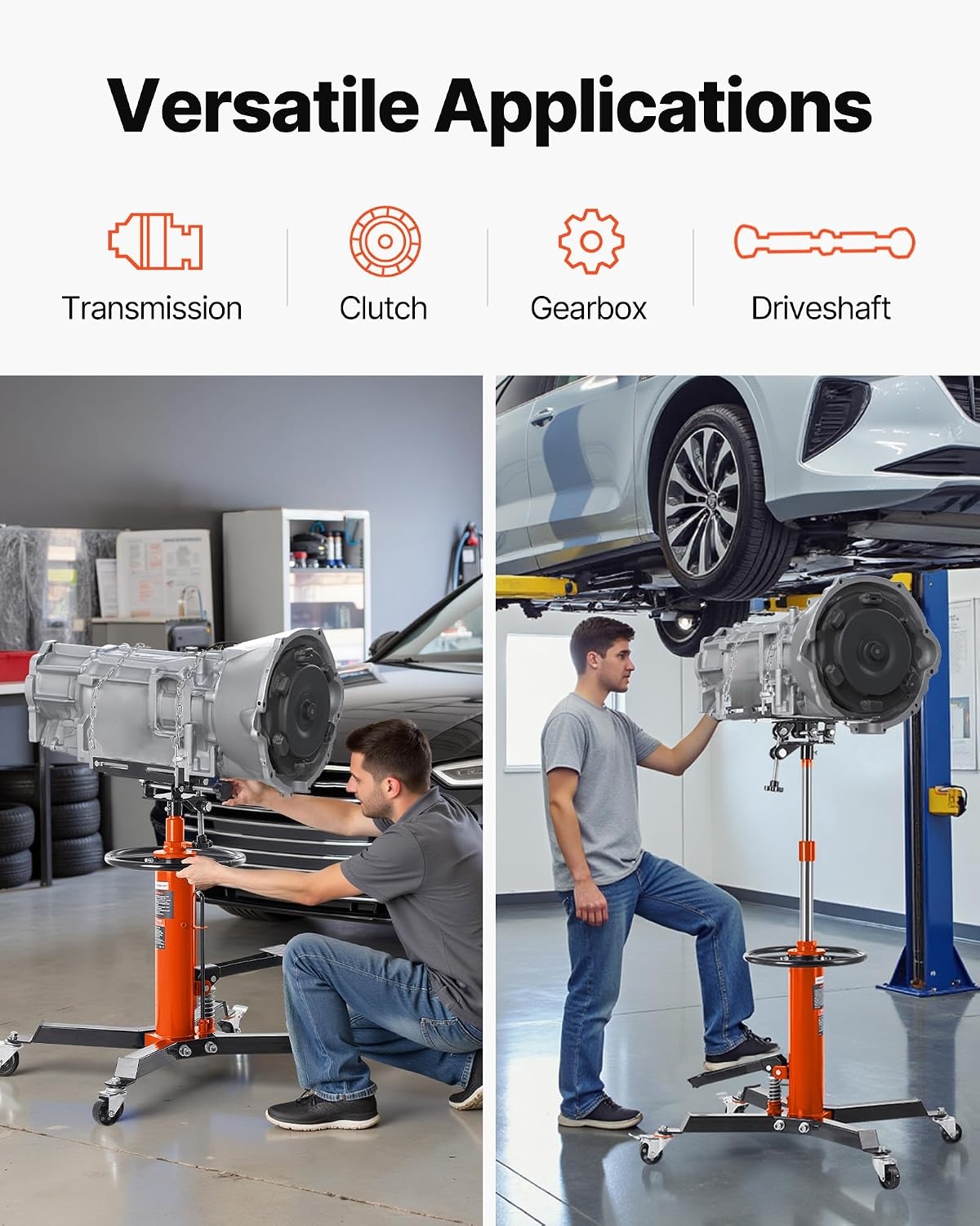 image:imageVEVOR Transmission Jack12Ton1100lbs Capacity Hydraulic Telescopic Transmission Jack 2Stage with Foot Pedal 360 Swivel Wheel GarageShop Lift Hoist Orange
