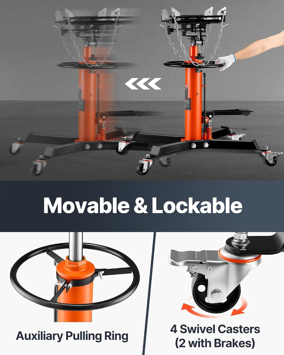 image:imageVEVOR Transmission Jack12Ton1100lbs Capacity Hydraulic Telescopic Transmission Jack 2Stage with Foot Pedal 360 Swivel Wheel GarageShop Lift Hoist Orange