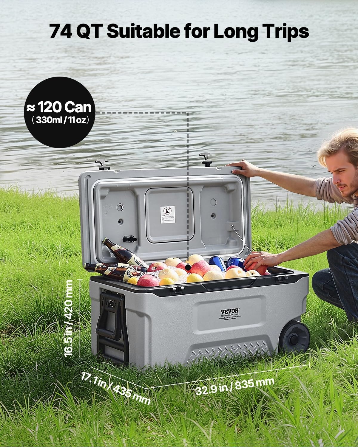 image:imageVEVOR UltraLight Hard Cooler Ice Retention Cooler with Heavy Duty Handle Ice Chest Lunch Box for Camping Travel Outdoor Keeps Cool for up to 6 Days 30 Lighter Than Rotomolded Coolers74 QT with wheels