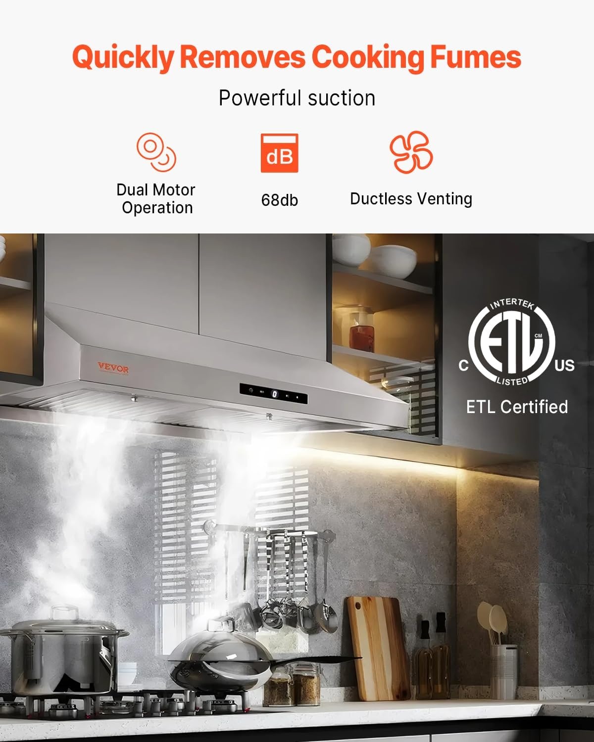 image:imageVEVOR Under Cabinet Range Hood Dual Motors Stainless Steel Permanent Filter Ductless 30 inch Kitchen Stove Vent with 3Speed Exhaust Fan 2 Baffle Filters LED Lights Touch Control Panel Silver