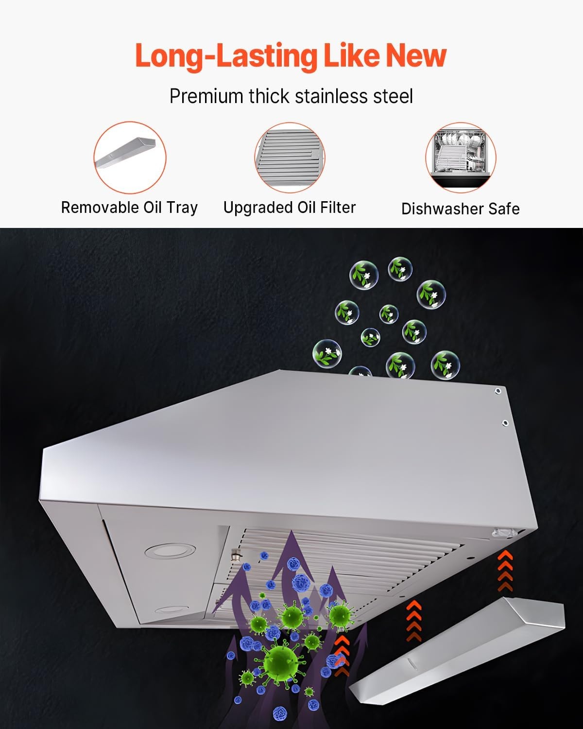 image:imageVEVOR Under Cabinet Range Hood Dual Motors Stainless Steel Permanent Filter Ductless 30 inch Kitchen Stove Vent with 3Speed Exhaust Fan 2 Baffle Filters LED Lights Touch Control Panel Silver