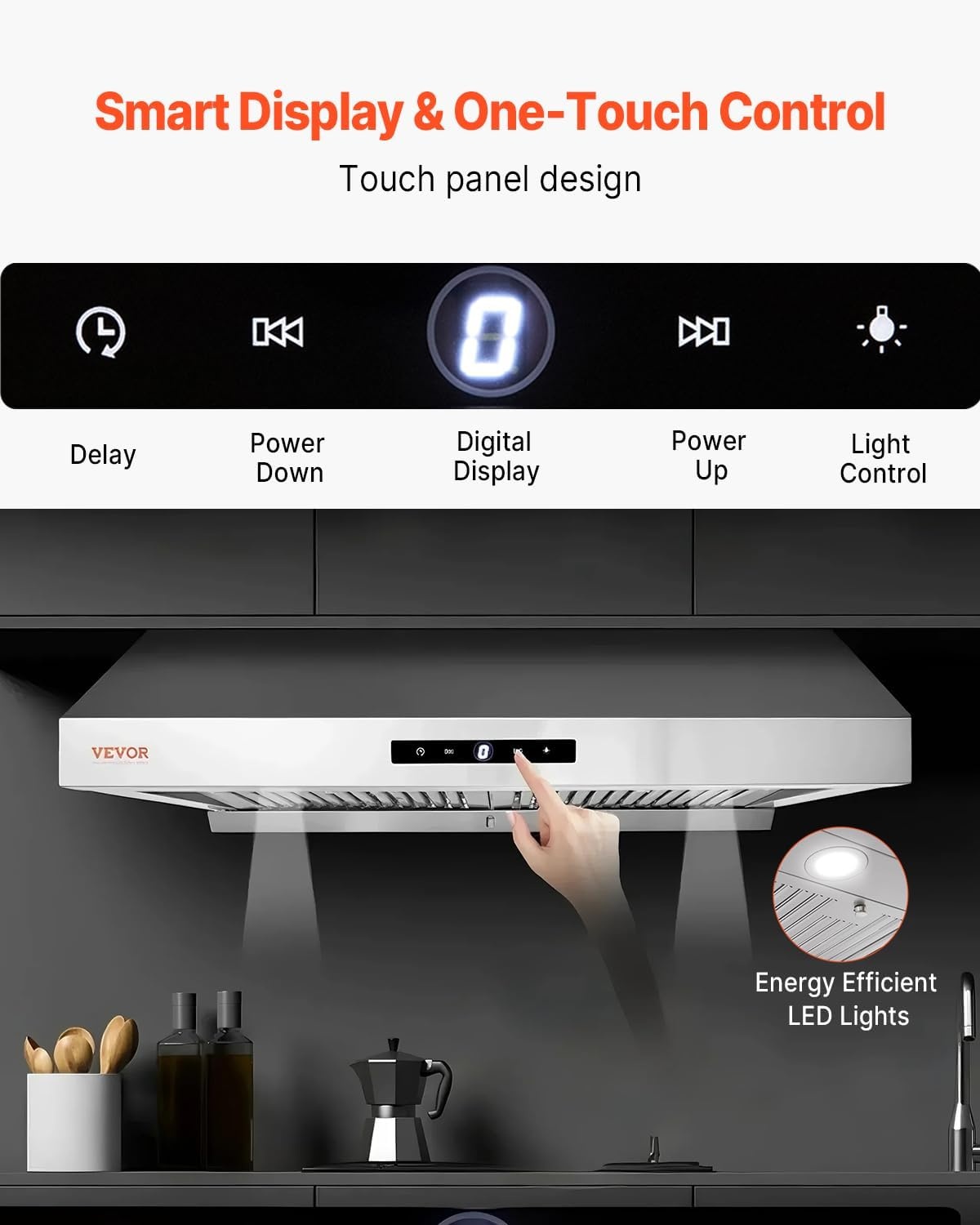 image:imageVEVOR Under Cabinet Range Hood Dual Motors Stainless Steel Permanent Filter Ductless 30 inch Kitchen Stove Vent with 3Speed Exhaust Fan 2 Baffle Filters LED Lights Touch Control Panel Silver