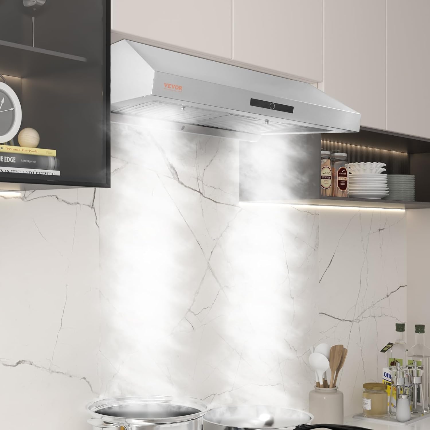 image:imageVEVOR Under Cabinet Range Hood Dual Motors Stainless Steel Permanent Filter Ductless 30 inch Kitchen Stove Vent with 3Speed Exhaust Fan 2 Baffle Filters LED Lights Touch Control Panel Silver