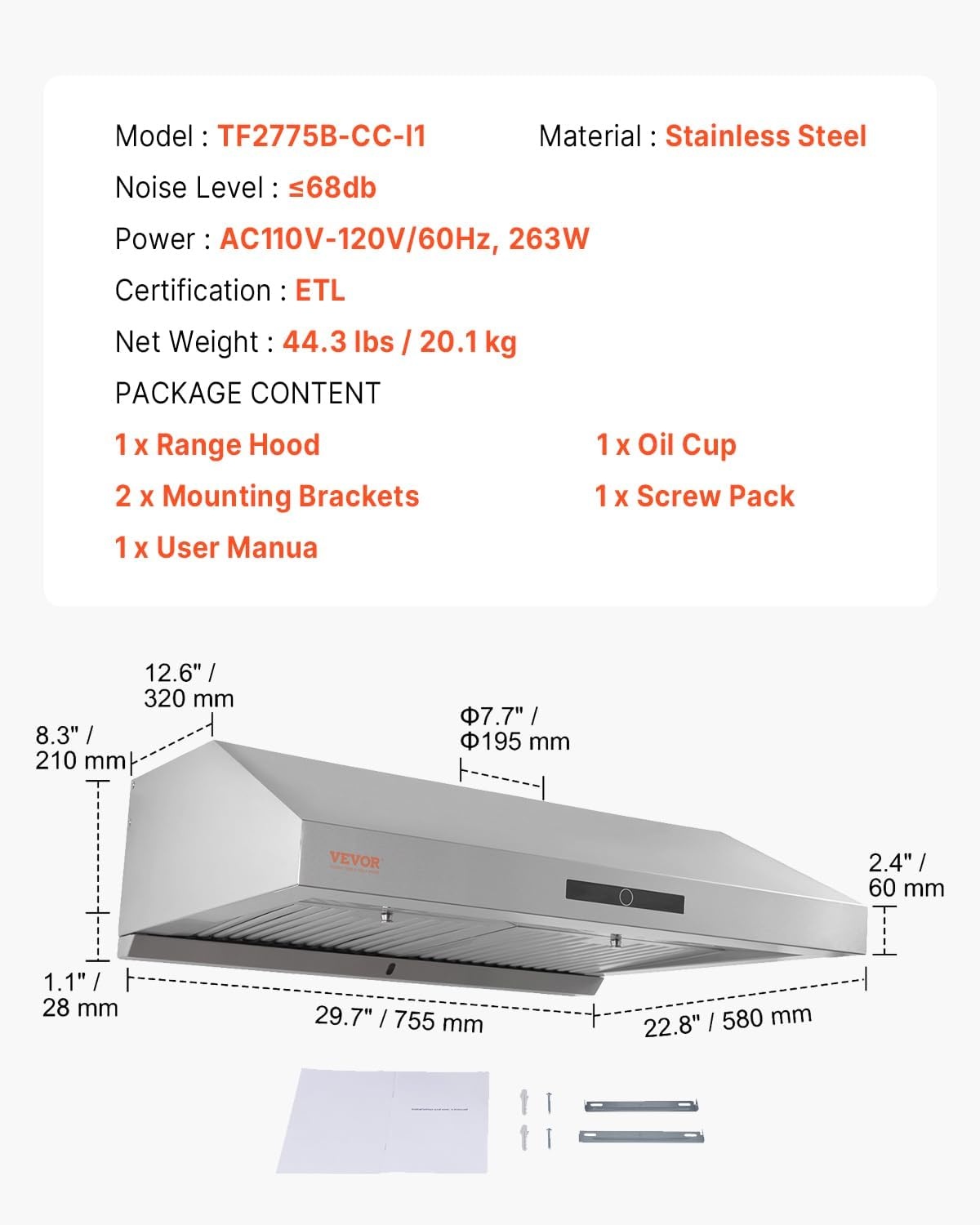 image:imageVEVOR Under Cabinet Range Hood Dual Motors Stainless Steel Permanent Filter Ductless 30 inch Kitchen Stove Vent with 3Speed Exhaust Fan 2 Baffle Filters LED Lights Touch Control Panel Silver