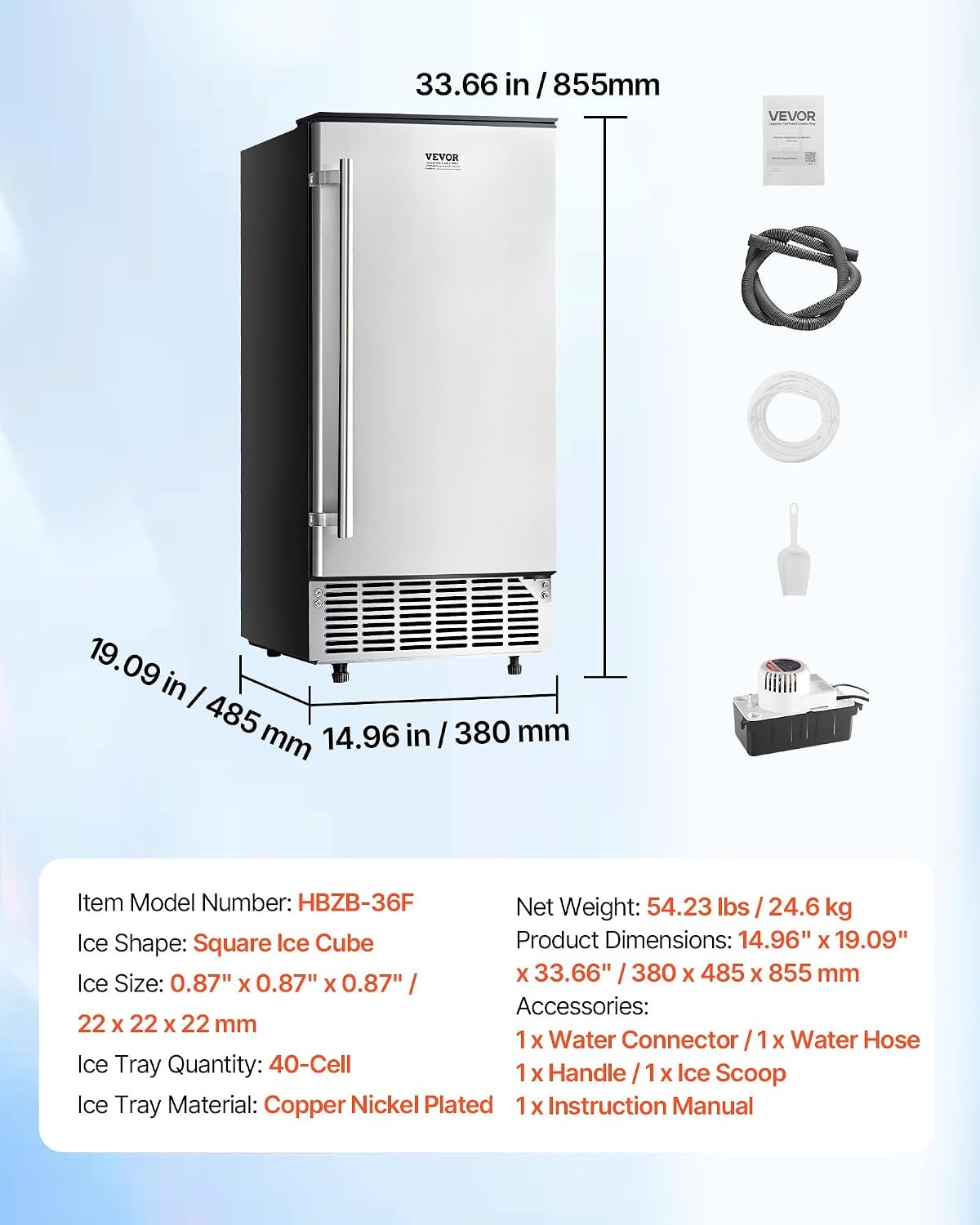image:imageVEVOR Under Counter Ice Maker 80 LbsDay Stainless Steel Builtin Ice Makers Machine with Drain Pump Reversible Door 26lbs Storage Freestanding Ice Maker for Commercial Home Kitchen