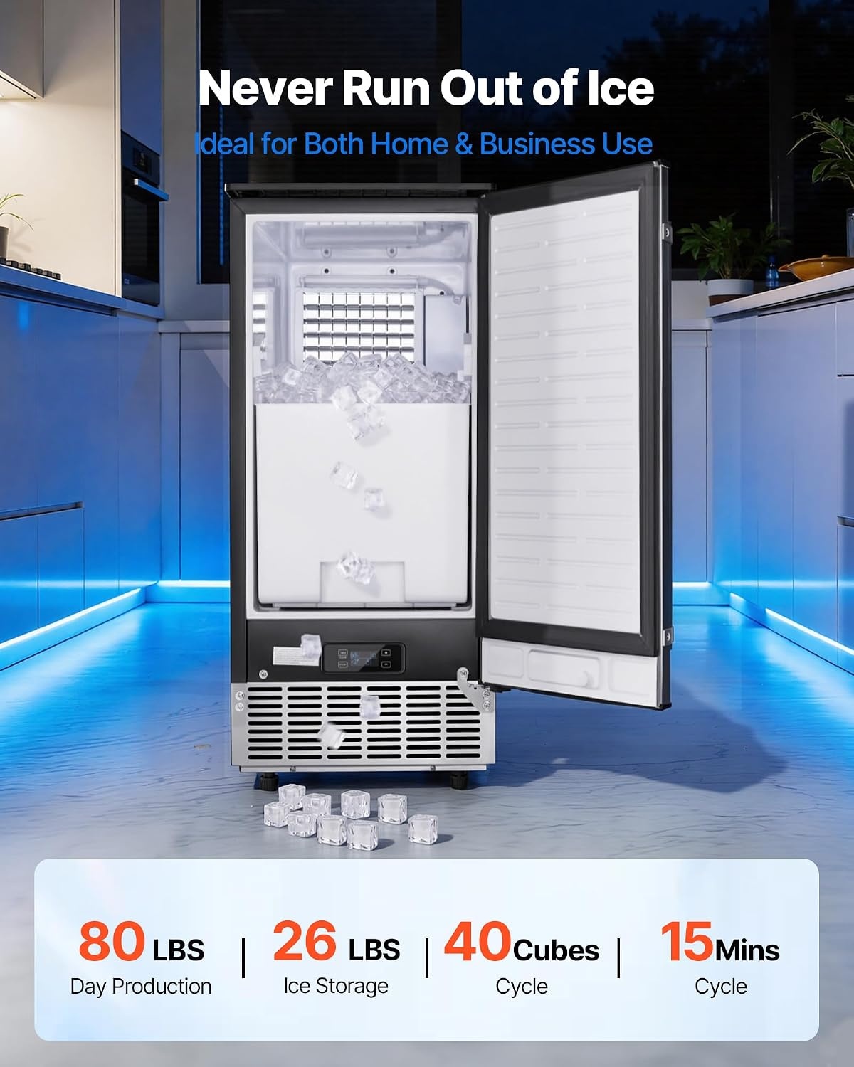 image:imageVEVOR Under Counter Ice Maker 80 LbsDay Stainless Steel Builtin Ice Makers Machine with Drain Pump Reversible Door 26lbs Storage Freestanding Ice Maker for Commercial Home Kitchen