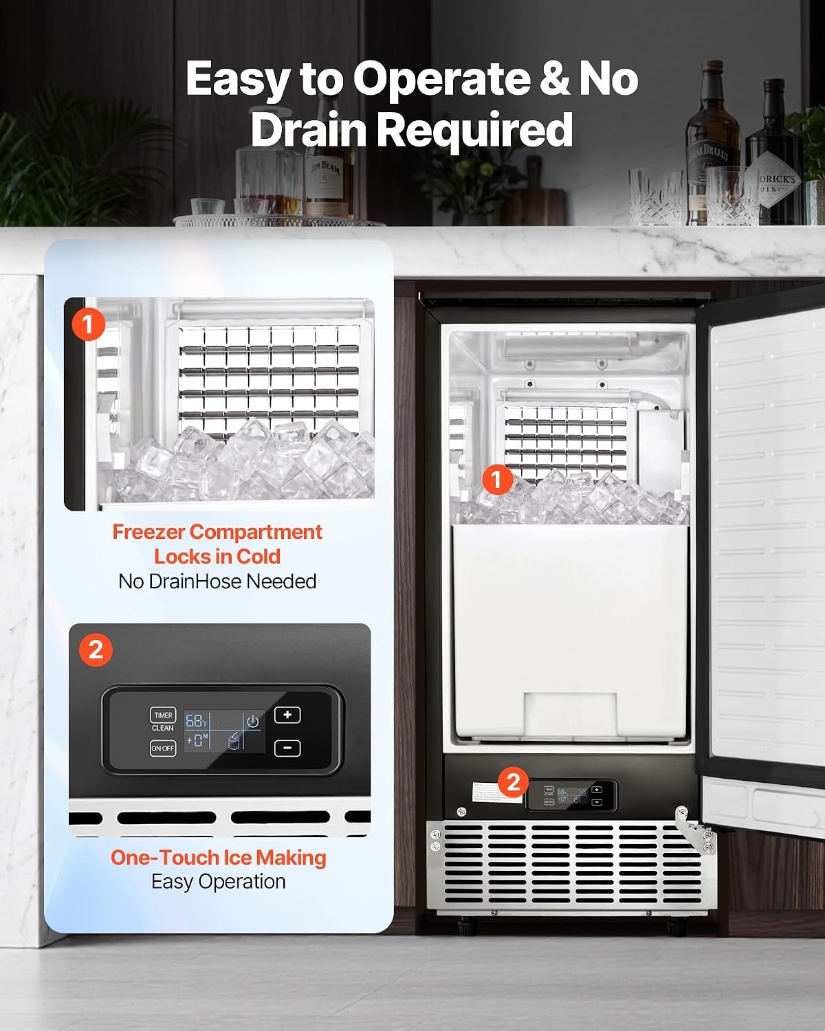 image:imageVEVOR Under Counter Ice Maker 80 LbsDay Stainless Steel Builtin Ice Makers Machine with Drain Pump Reversible Door 26lbs Storage Freestanding Ice Maker for Commercial Home Kitchen