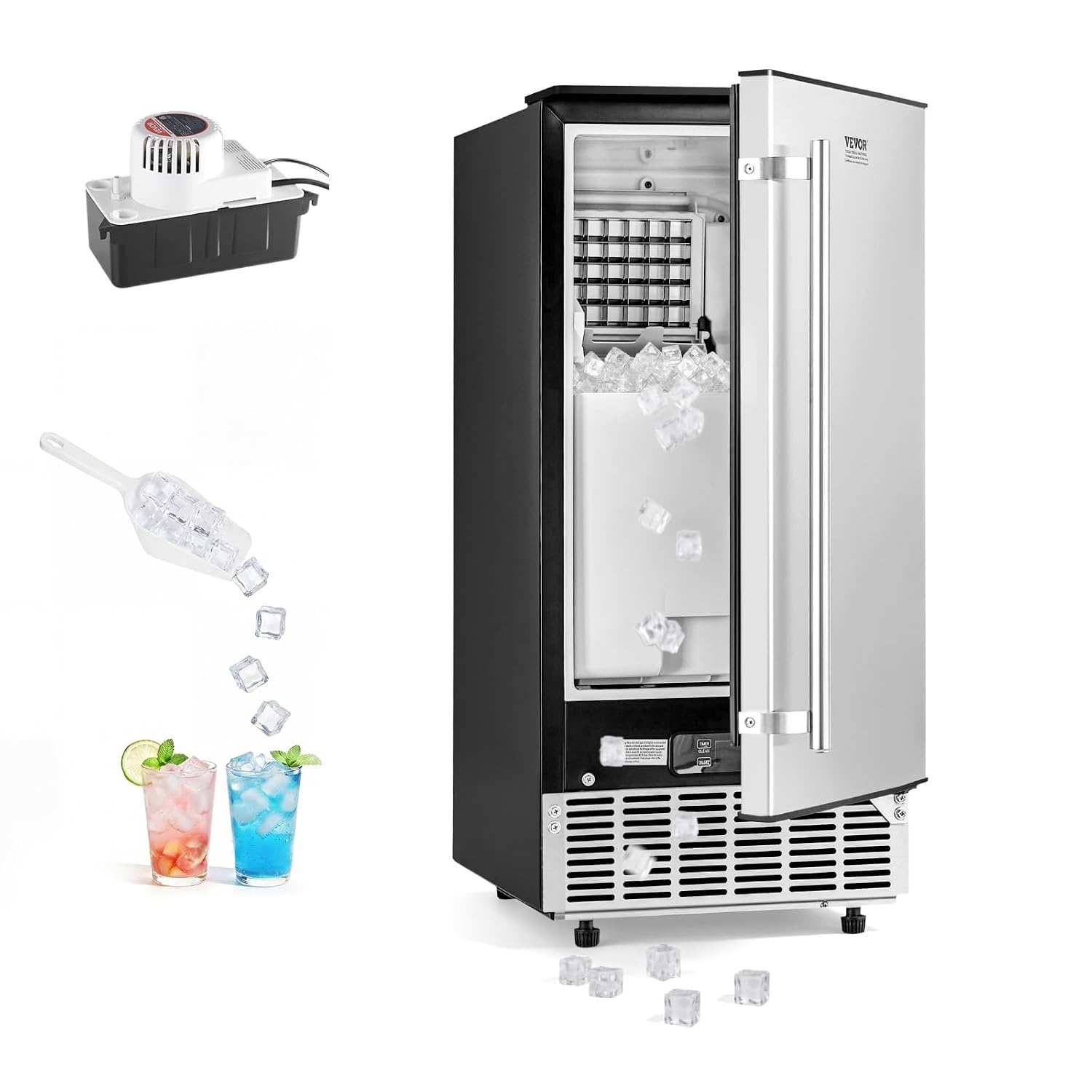 image:imageVEVOR Under Counter Ice Maker 80 LbsDay Stainless Steel Builtin Ice Makers Machine with Drain Pump Reversible Door 26lbs Storage Freestanding Ice Maker for Commercial Home Kitchen