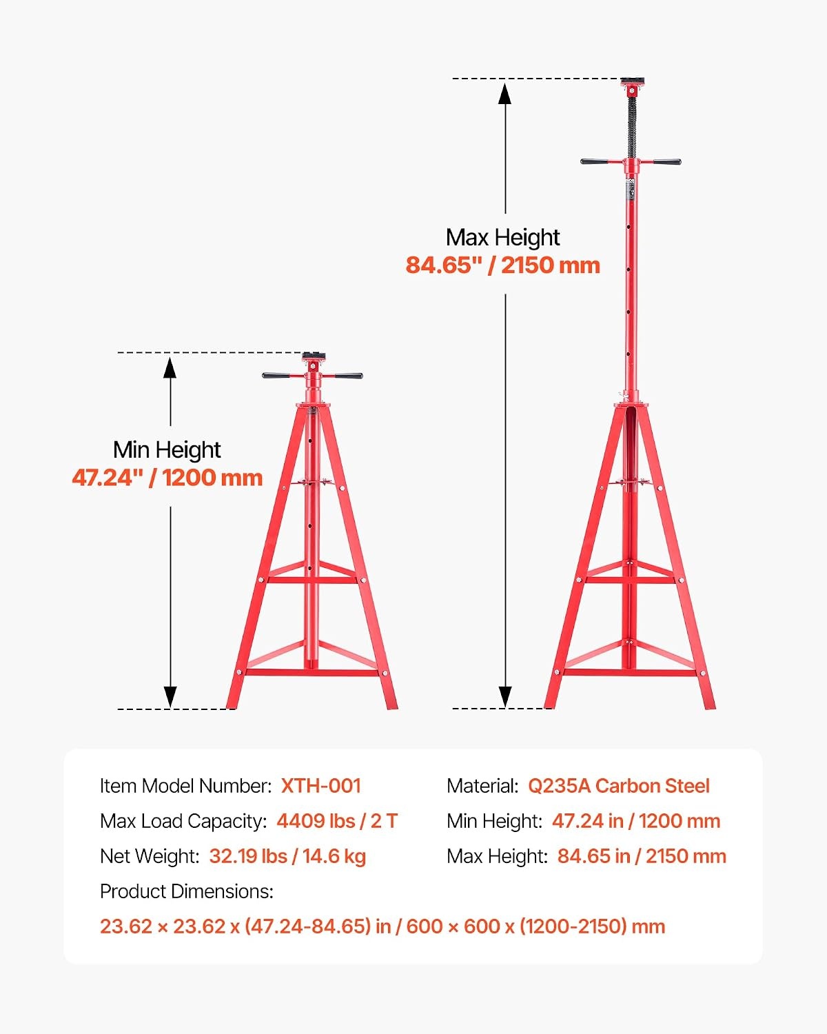 image:imageVEVOR Under Hoist Tripod Stand 2 Ton 4409 lbs Capacity High Lift Jack Stand Reach Underhoist Support Lifting from 4724 to 8465 4Level Adjustable Height Heavy Duty Carbon Steel for Car Lift
