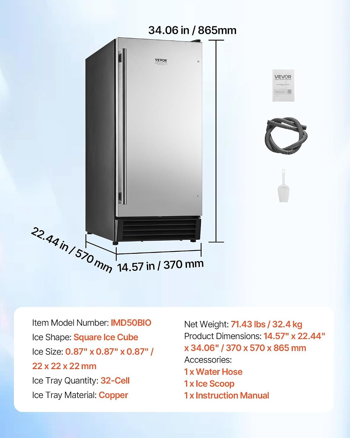 image:imageVEVOR Undercounter Builtin Ice Maker 50 LbsDay Under Counter Ice Maker Machine with Drain Pump Reversible Door Stainless Steel Freestanding Ice Maker for Commercial Home Kitchen