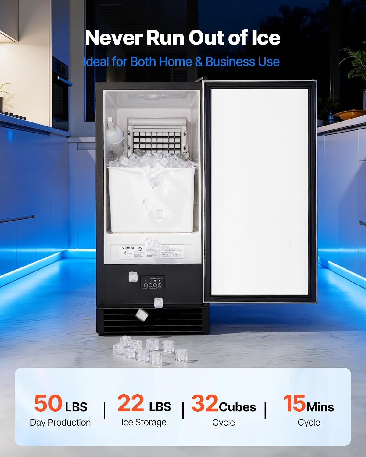image:imageVEVOR Undercounter Builtin Ice Maker 50 LbsDay Under Counter Ice Maker Machine with Drain Pump Reversible Door Stainless Steel Freestanding Ice Maker for Commercial Home Kitchen