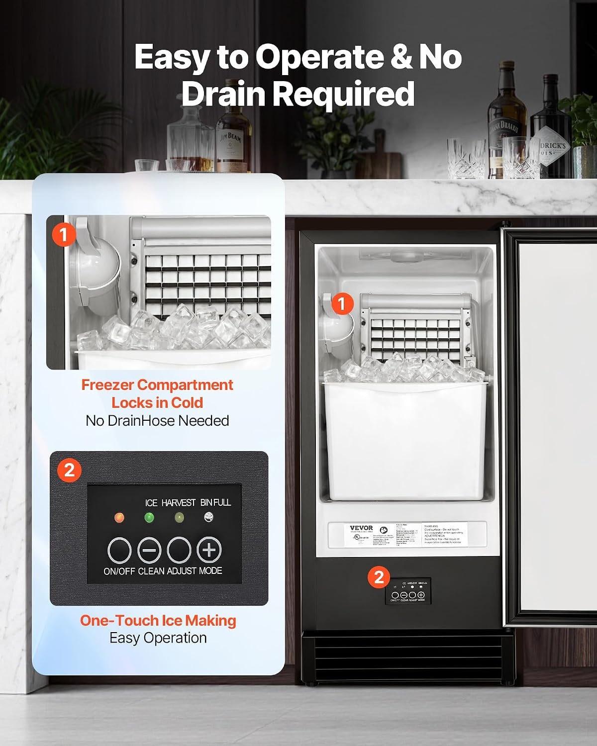 image:imageVEVOR Undercounter Builtin Ice Maker 50 LbsDay Under Counter Ice Maker Machine with Drain Pump Reversible Door Stainless Steel Freestanding Ice Maker for Commercial Home Kitchen